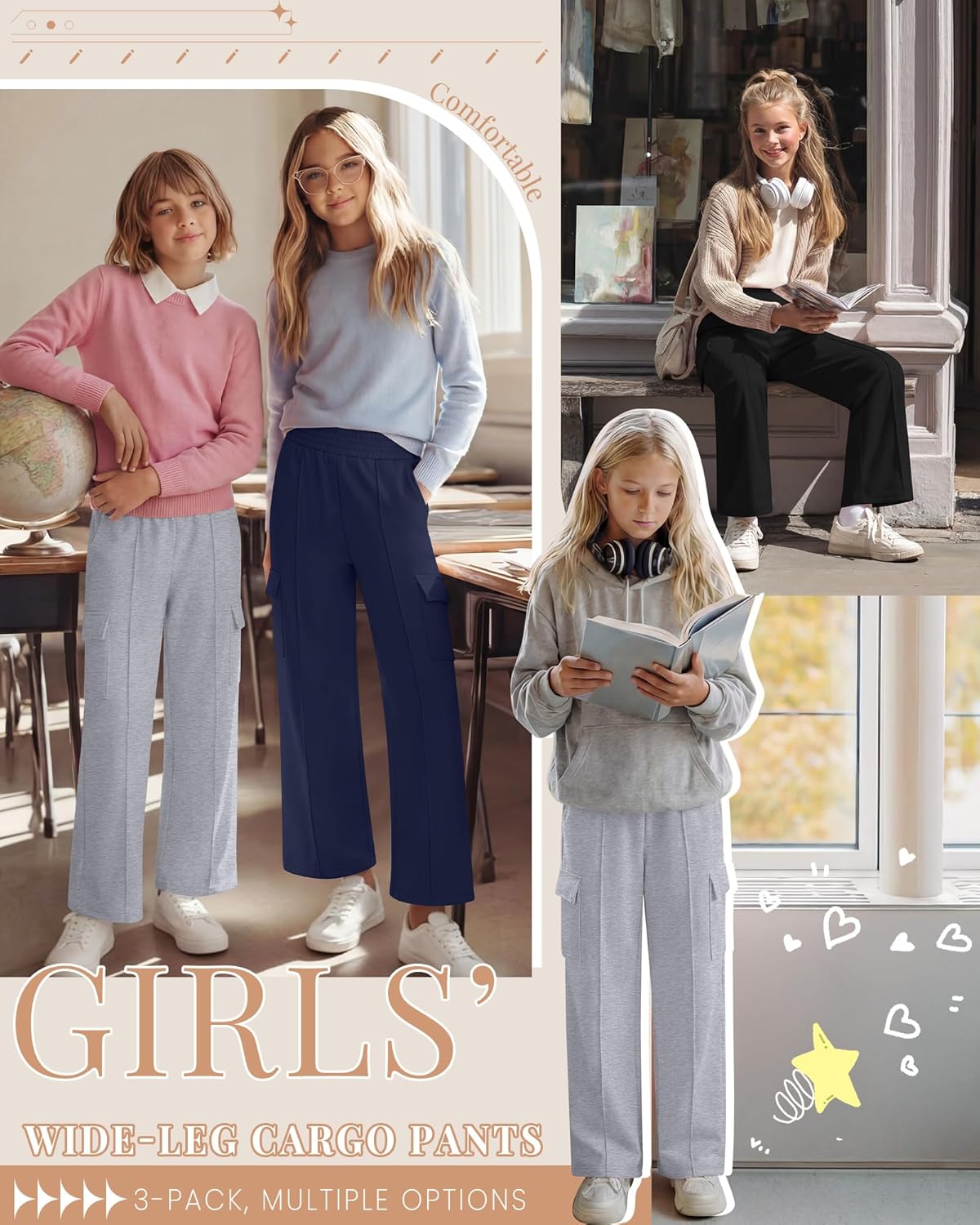 3 Pack Girls Wide Leg Sweatpants Cargo Pants High Waisted Baggy Causal Loose Kids Elastic Waistband Pants Joggers - Image 5