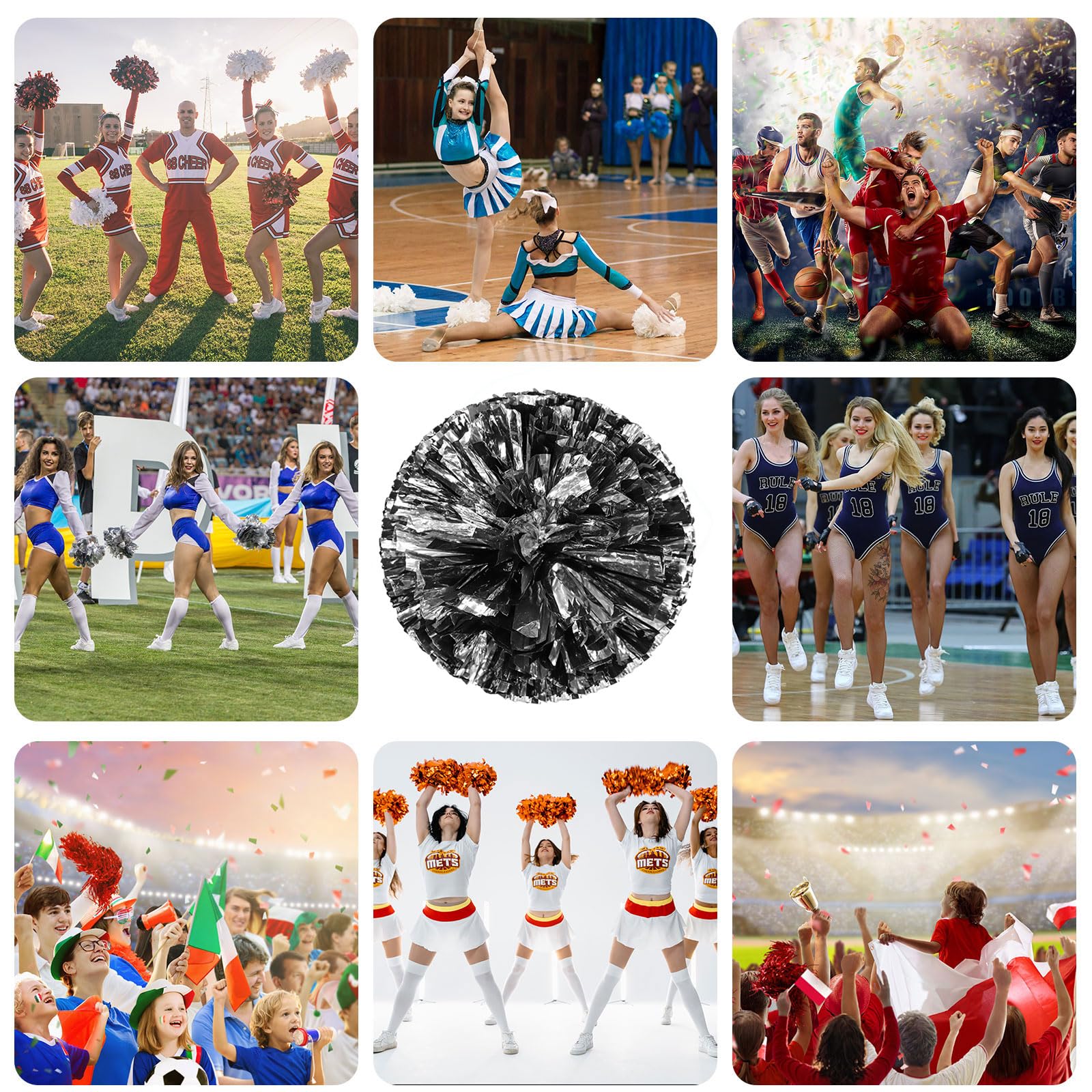 Pompony Cheer 16 szt. z uchwytem na cztery palce, ręczne pompony drużyny cheerleaderek do drużyny sportowej, gry ducha, na imprezę taneczną dla dorosłych (czarne + srebrne)
