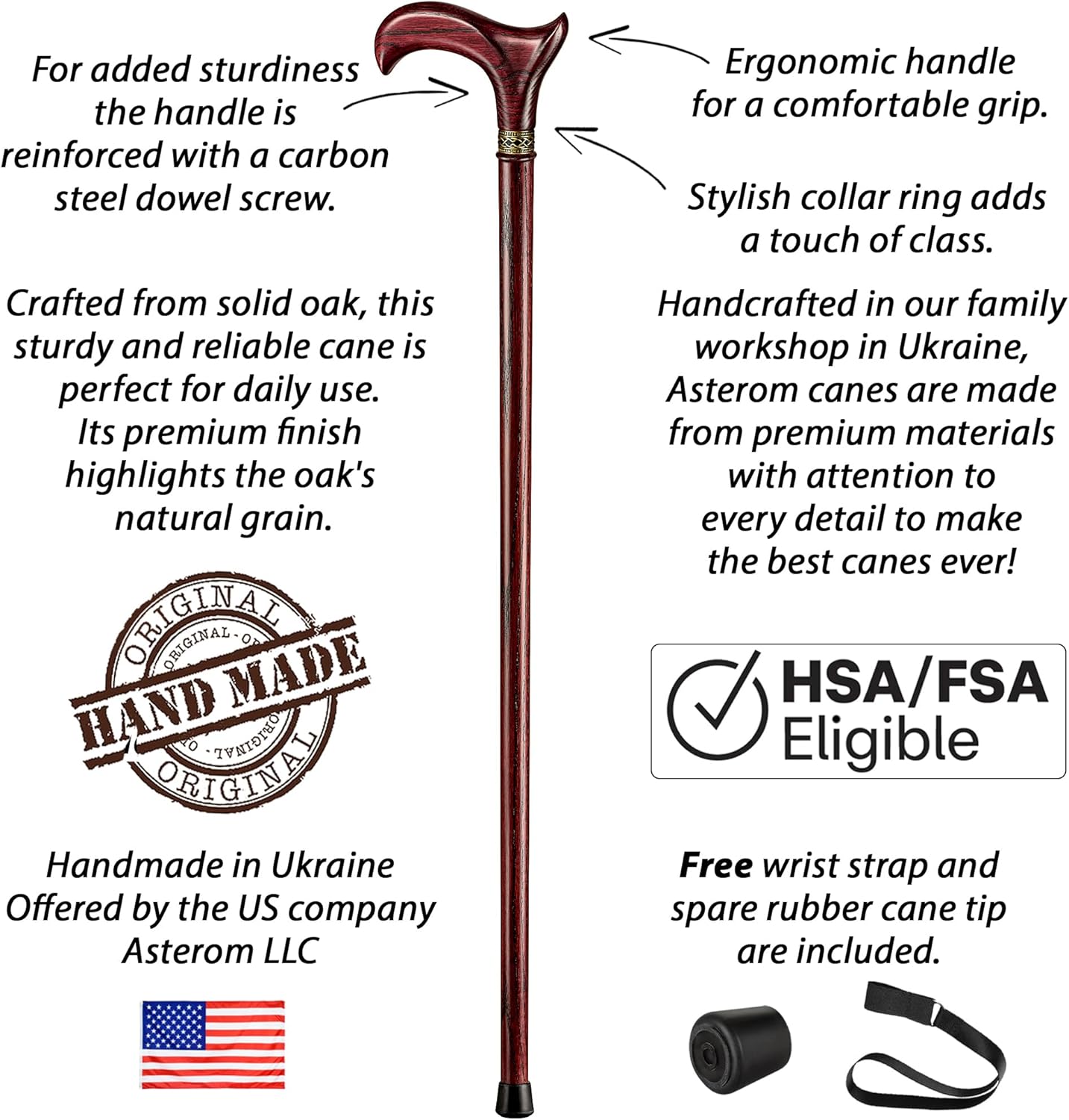 Asterom Handcrafted Walking Cane - Ergonomic, Wooden - Canes for Men - Walking Sticks for Seniors, Unique, Wood