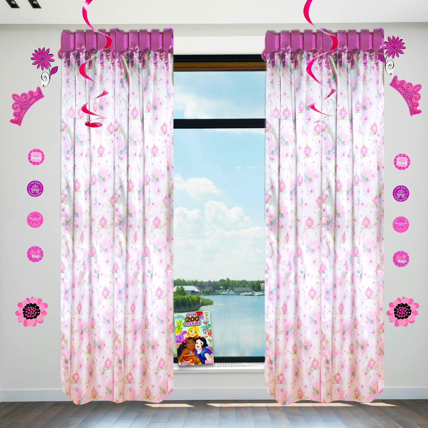 Disney Cortinas de ventana de princesa y decoración de pared para dormitorio, paquete con cortinas de dormitorio de princesa Disney de 42 x 84 pulgadas, decoración de pared y más, decoración de