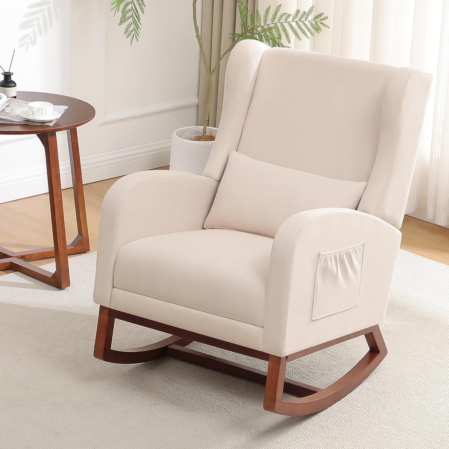 Rocking Chair Nursery, Nursery Rocking Chairs with Foot Rest, Comfy Fabric Glider Rocker Nursing Chair with High Back for Nursing, Living Room, Bedroom, Beige