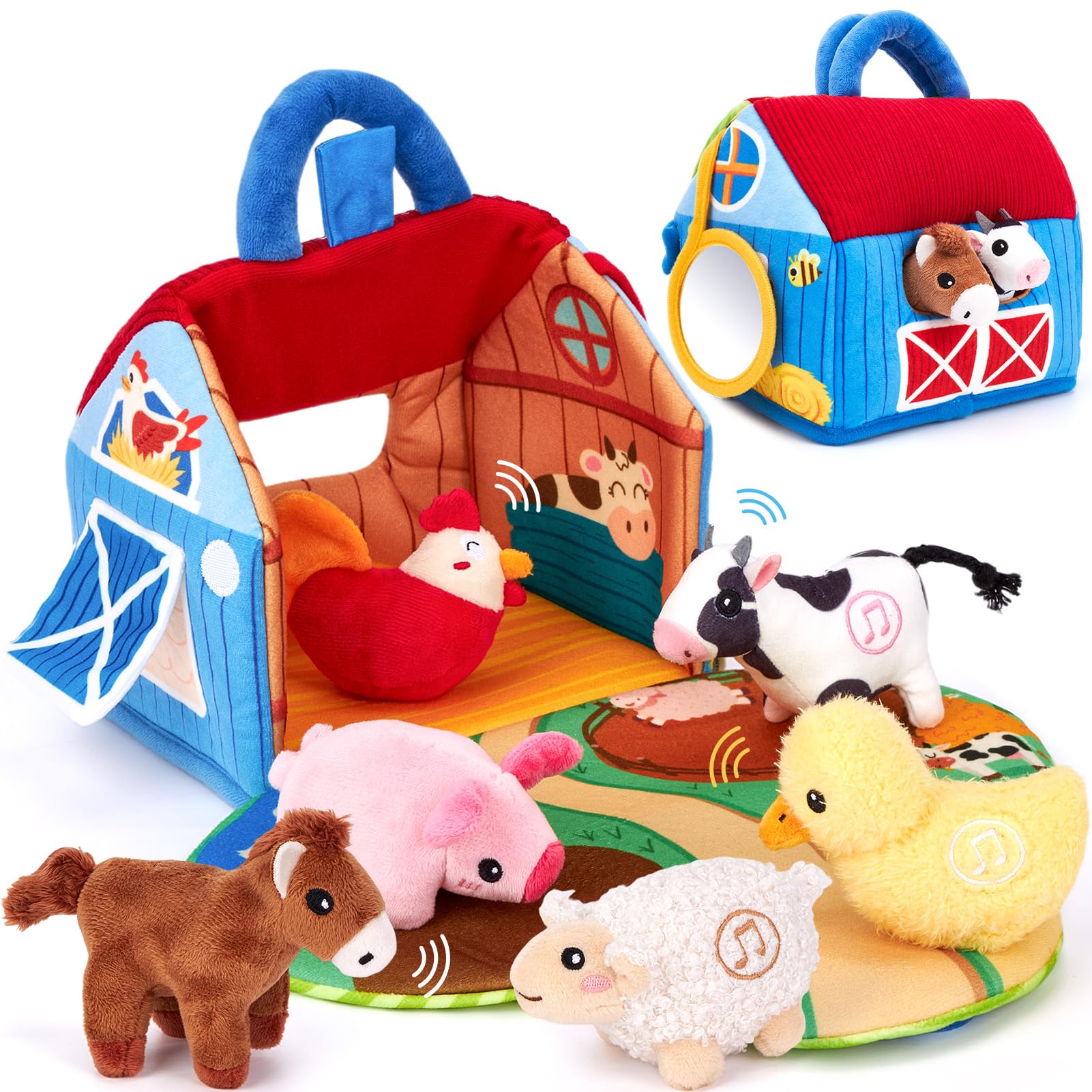 hahaland Bauernhof Baby Spielzeug 6 Monate mit 2-in-1 Scheunen & Spielmatten,6 Sensorik Plüschtiere mit Tiergeräuschen & Spricht Englische Tiernamen,Montessori Spielzeug Baby Geschenk ab 6-12 Monate