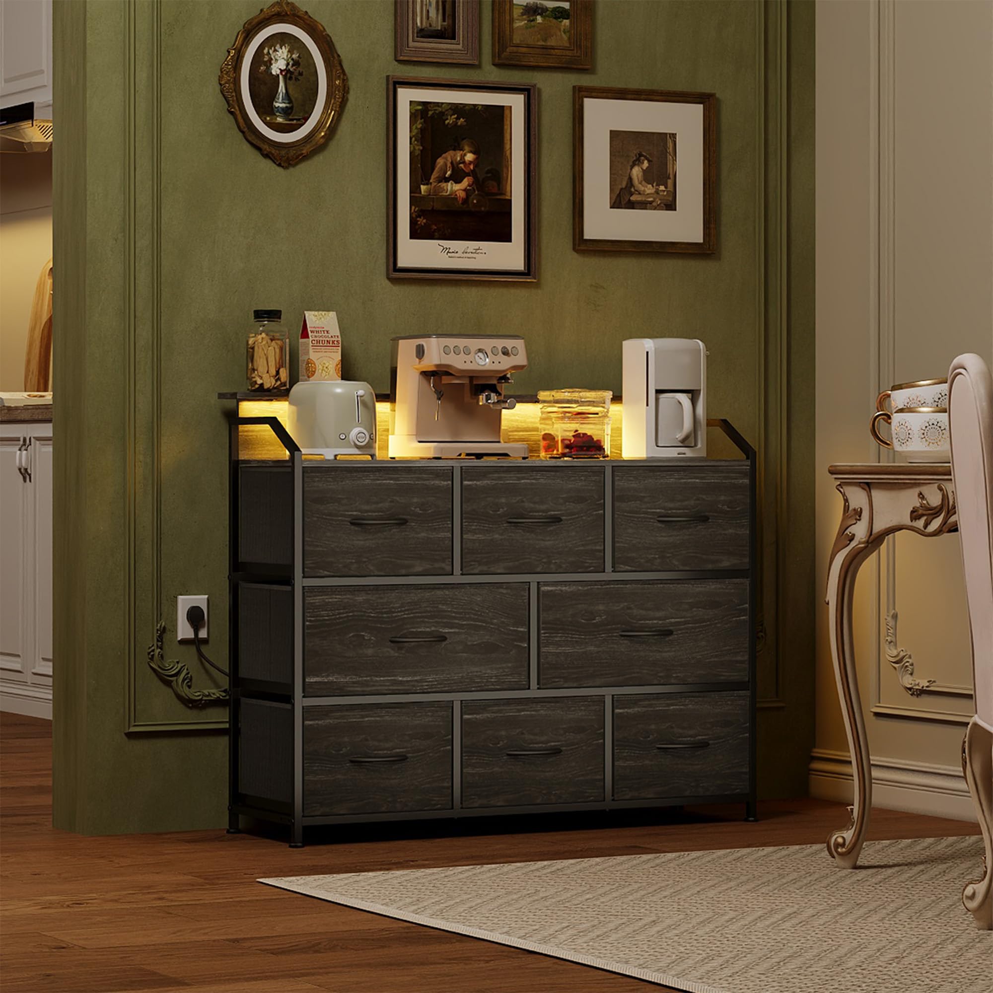 WLIVE Kommode mit Schubladen, komode Schlafzimmer mit 8 Stoffschubladen | Kommoden & Sideboards mit LED und Ladestation, Holzplatte und Stabiles Stahlgestell für Wohnzimmer, Anthrazit Holzdekor