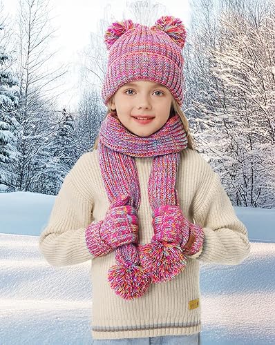 Miniatura 9 de Remifa Conjunto de bufanda y gorro de invierno para niños y niñas, con forro polar con pompón, bufanda larga, guantes cálidos