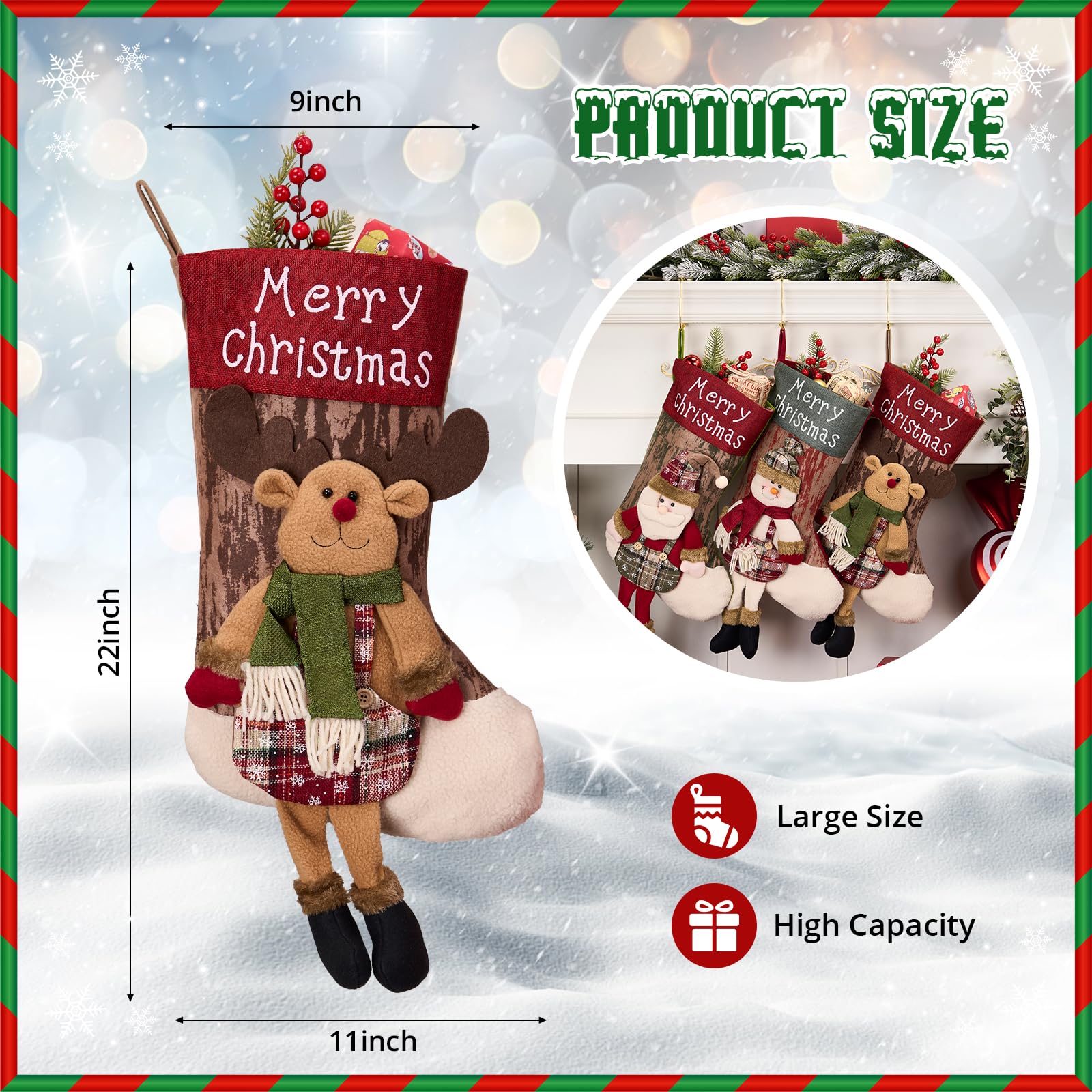 Jumbo-3D-Weihnachtsstrümpfe mit goldenen Haken, extra groß, 45,7 cm, Weihnachtssocken für Kamin, Kaminsims, Urlaubsstrümpfe, Set für Geschenke (3 Beine)