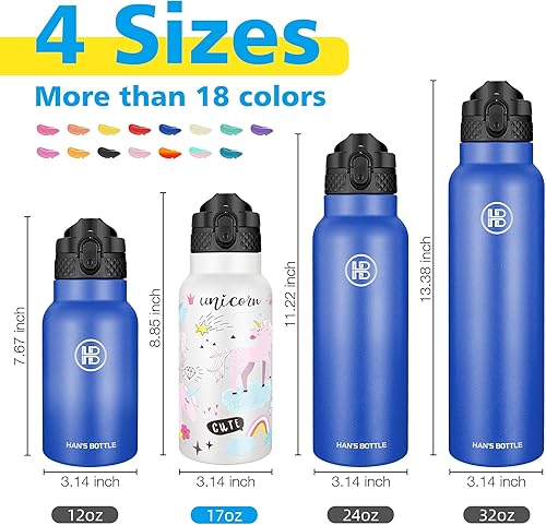 Miniatura 2 de Han's Bottle Botella de Agua para Niños con Tapa de Pajita - Vaso Térmico Reutilizable de Acero Inoxidable Aislado para Niñas, Niños, Taza Térmica,