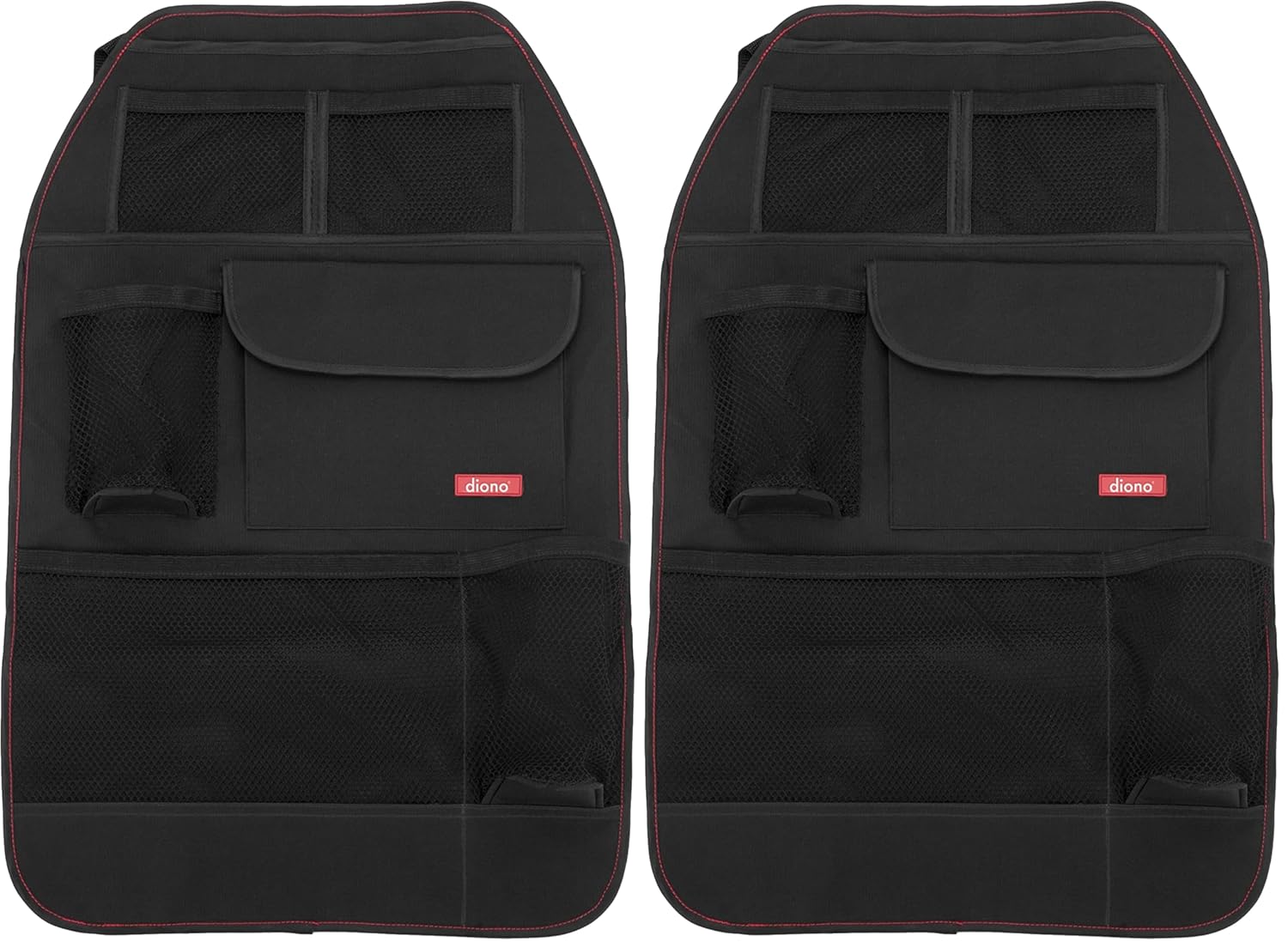 Diono Stow 'n Go Car Back Seat Organizer for Kids, Kick Mat Back Seat Protector, With 7 Storage Pockets, 2 Drinks Holders, Water Resistant, Durable Material, Black (Pack of 2)