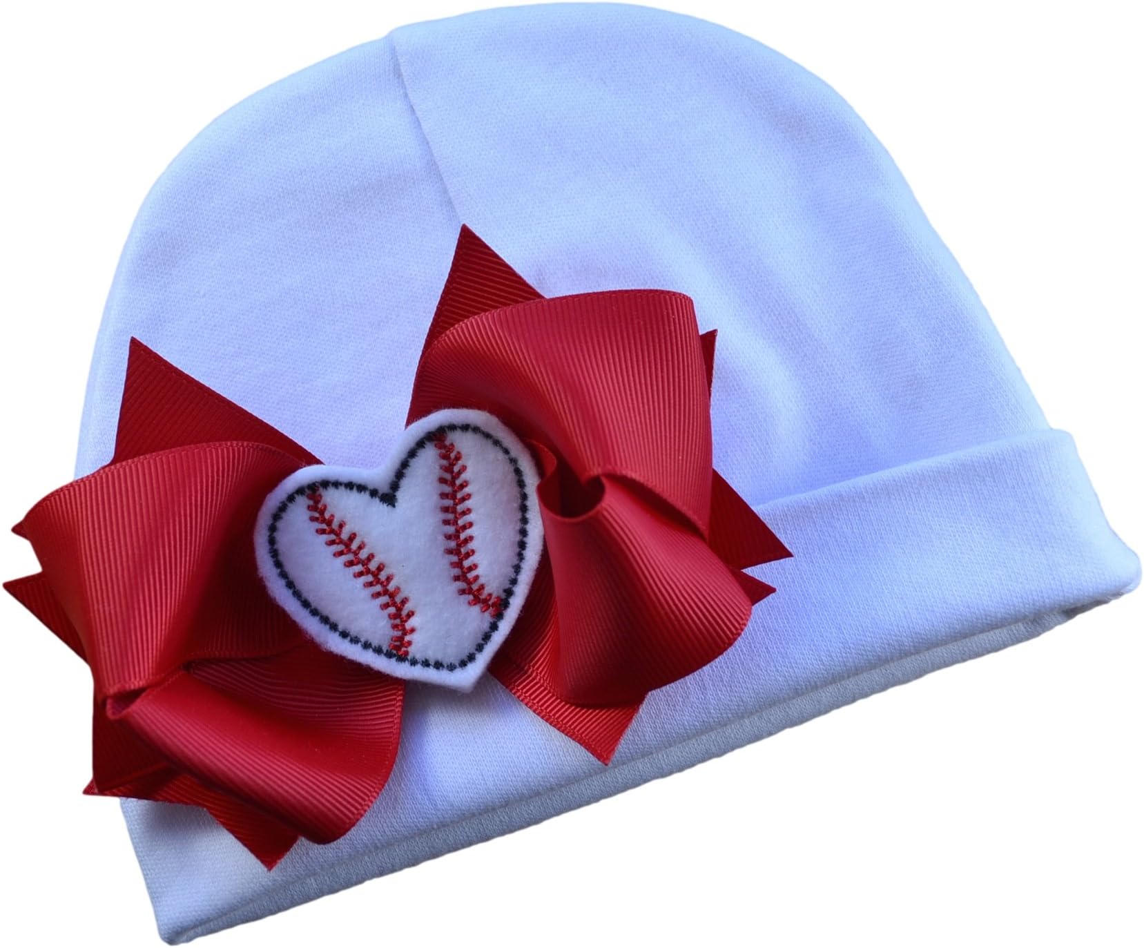 Baseball Bow Cotton Baby Hat with Embroidered Baseball Heart Fits Babies 0-6 Months