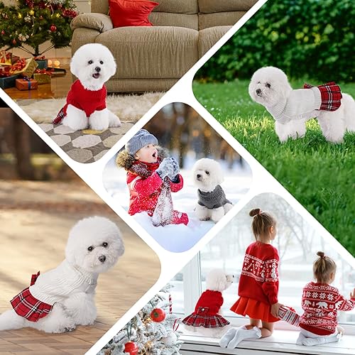 Miniatura 6 de YUDODO Vestido suéter para perros pequeños con corbatín de cuello alto, vestido de punto para perro, ropa de invierno para mascotas, suéter cálido