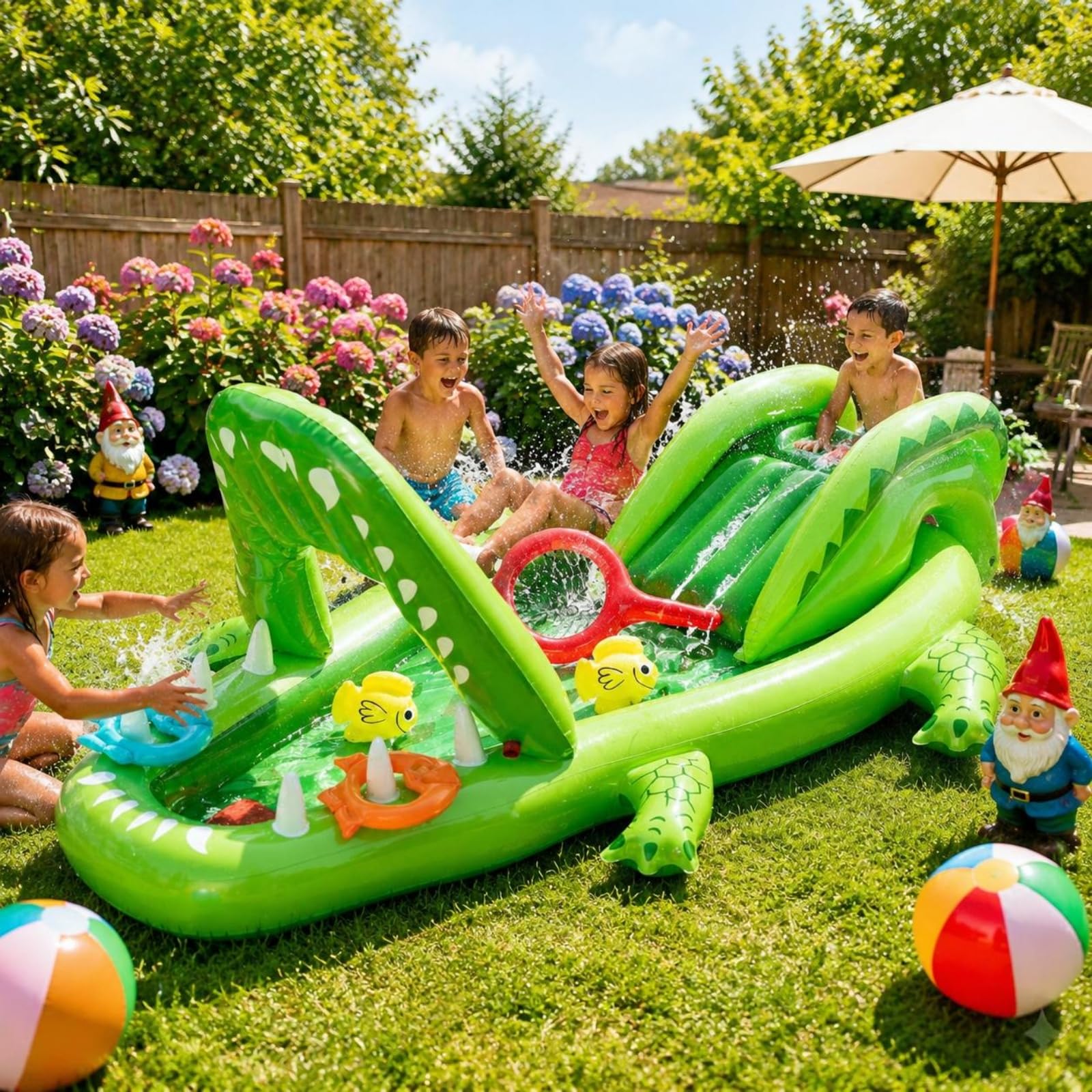 Aufblasbarer Spielpool Krokodil Planschbecken Kinderpool Wassersprinkler mit Rutsche Und Spielzubehör aus PVC für Garten Rasen Terrasse