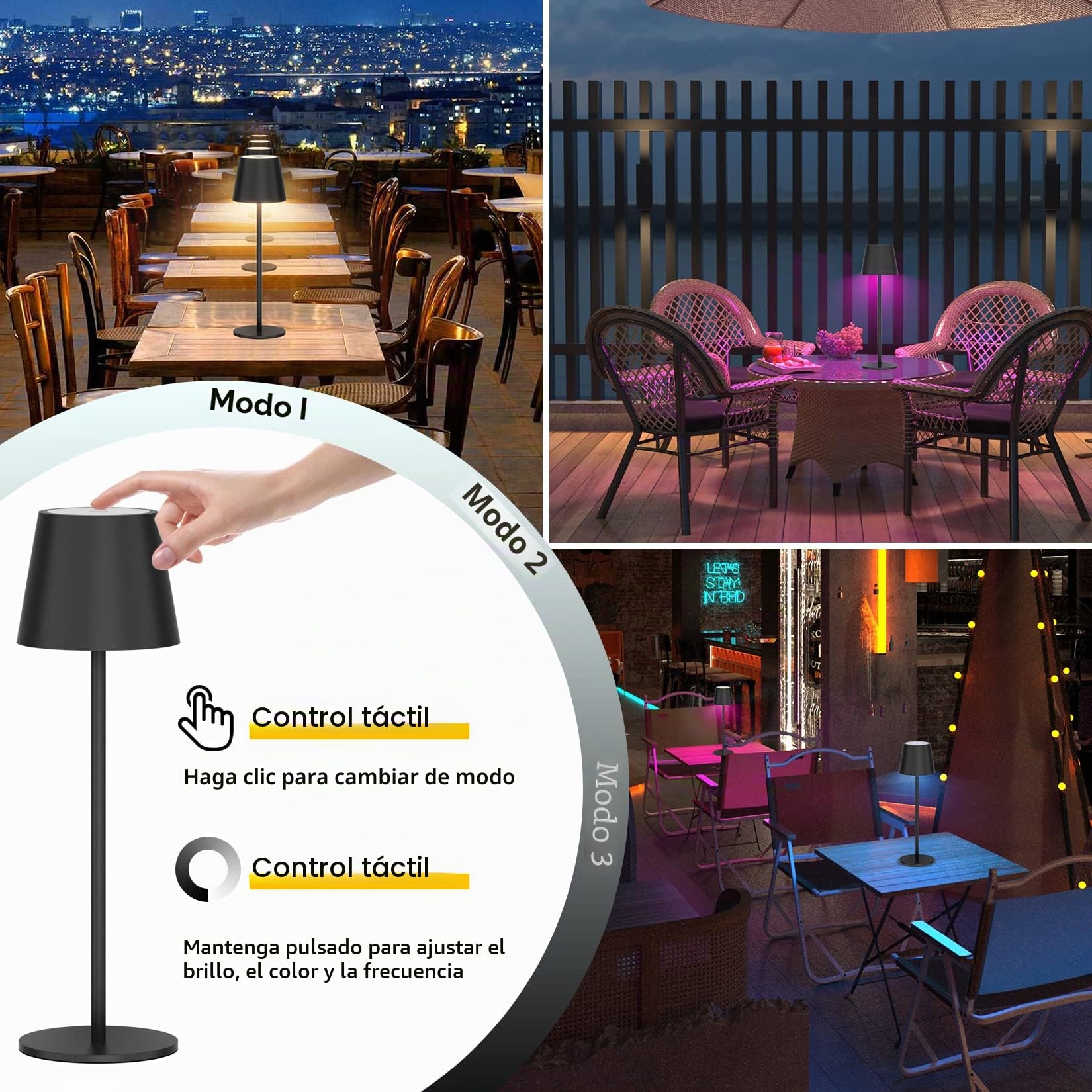 K-Bright 2 piezas Regulable LED Lámpara de mesa inalámbrica, Recargable Luz cálida Color y Atenuación RGB Impermeable IP54, Escritorio Iluminación Interior para Exterior Negro