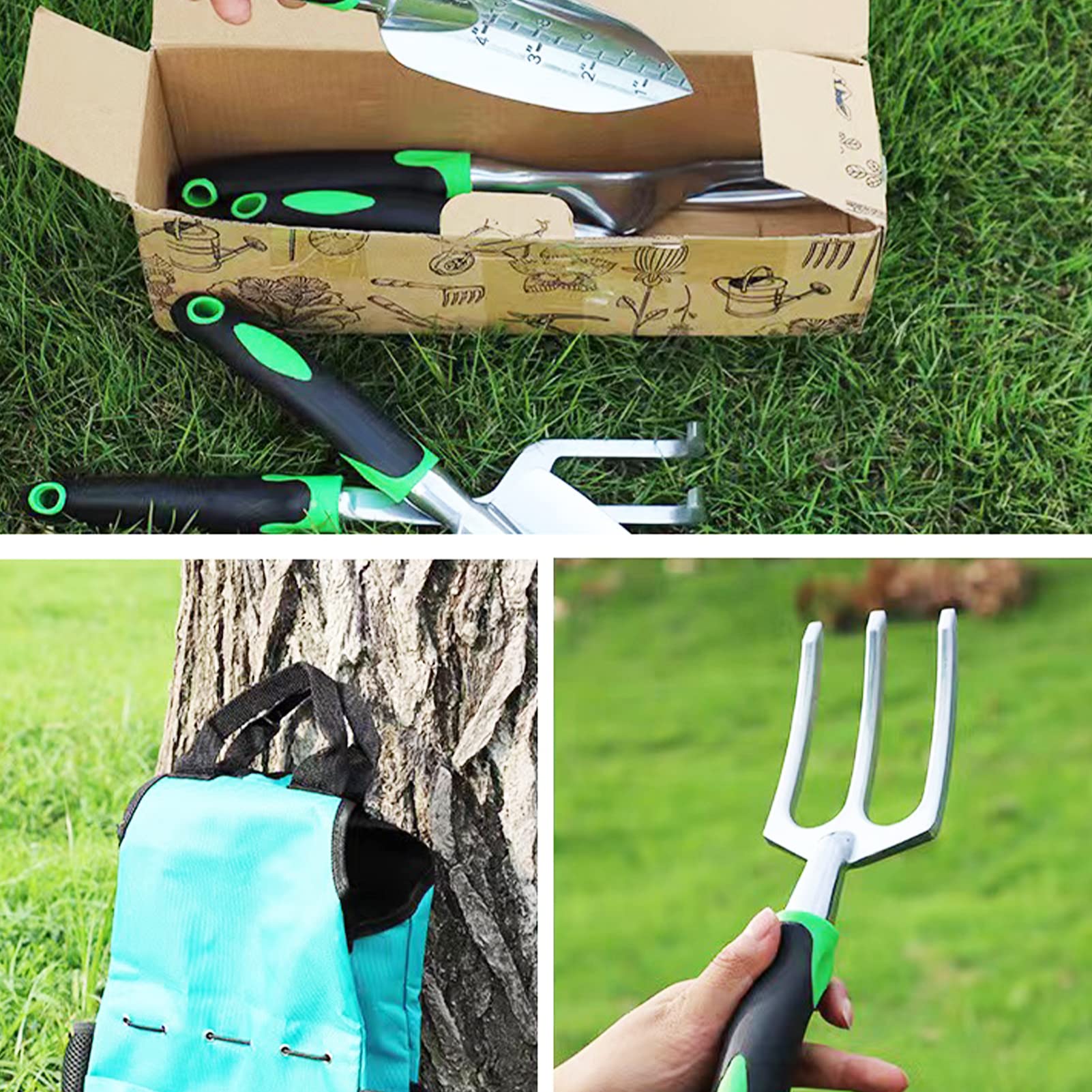 Jauhmui 9-częściowy aluminiowy zestaw narzędzi ogrodowych z torbą do przechowywania, ergonomiczne drewniane uchwyty, idealny do ogrodnictwa