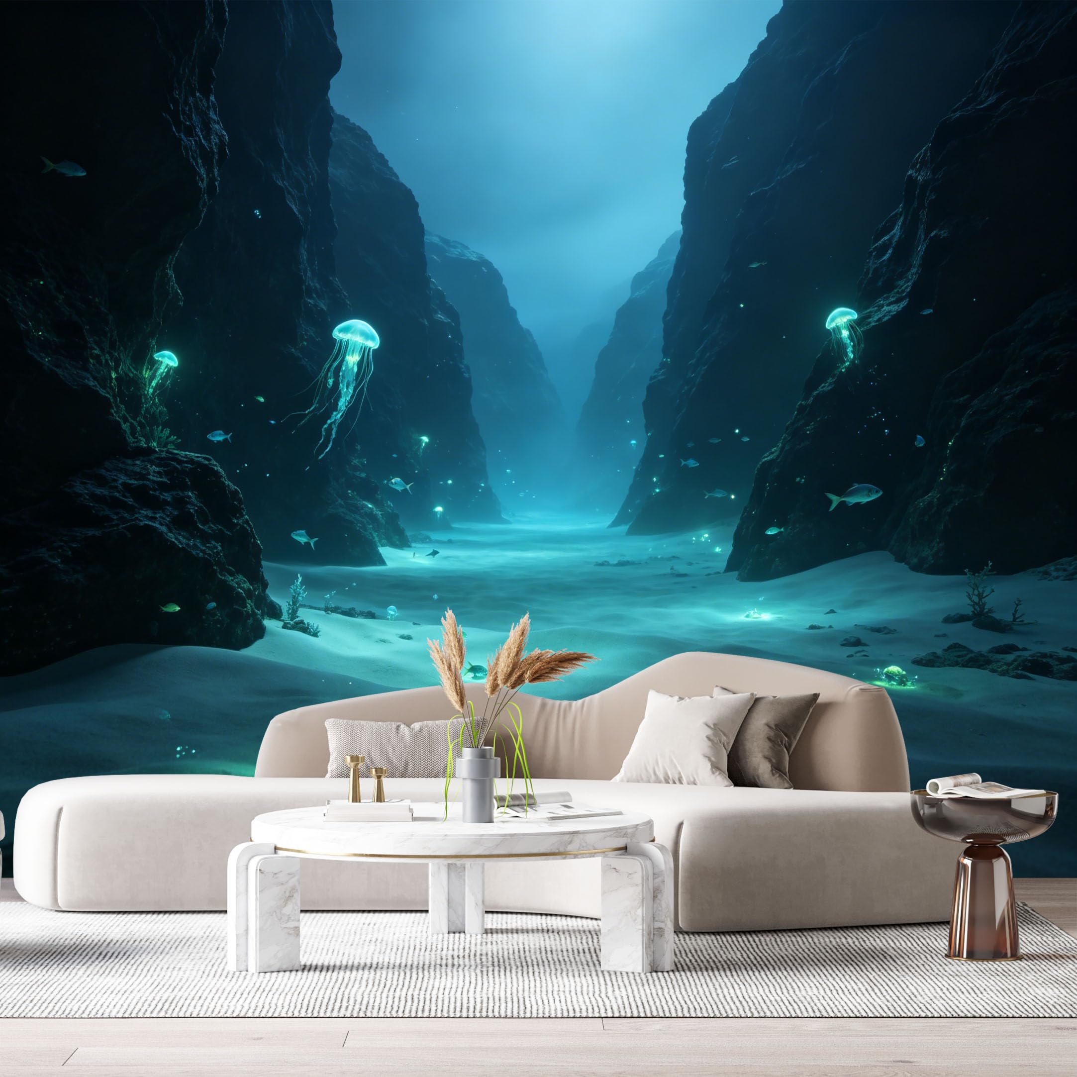 Custom Size Wall Murals Deep Ocean Marine 3D Bioluminescent Jellyfish Underwater Canyon SelfAdhesiveWall Fabric Removable Wallpaper Wall Decor for Living Room Bedroom Bathroom