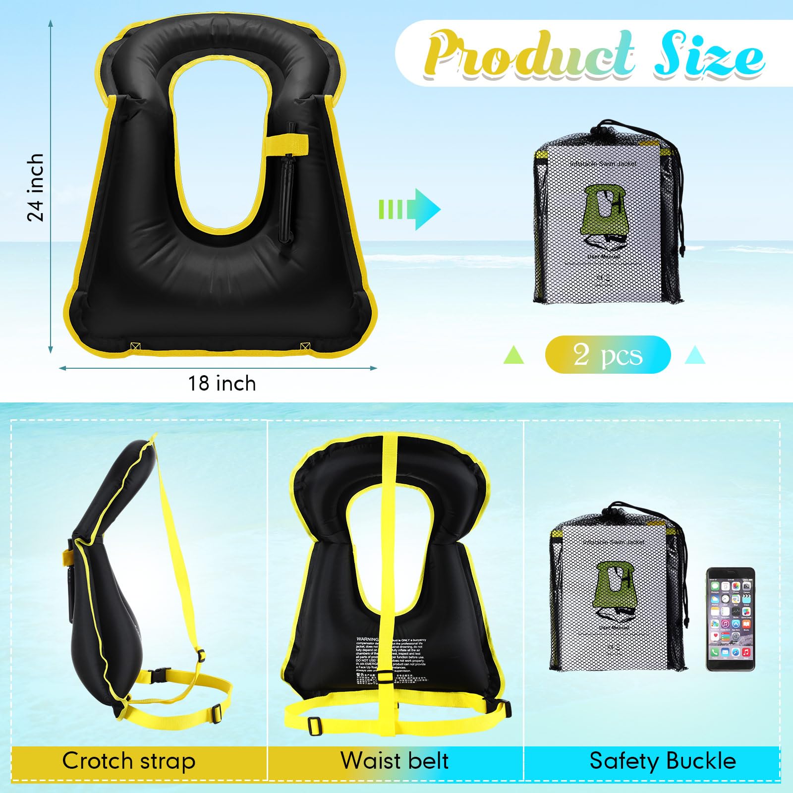 Deekin 2 Pcs Inflatable Snorkel Vest Adults Snorkeling Jackets Portable Jackets Swim Adjustable Safety Vest for Snorkeling Swimming Diving Surfing(Black)