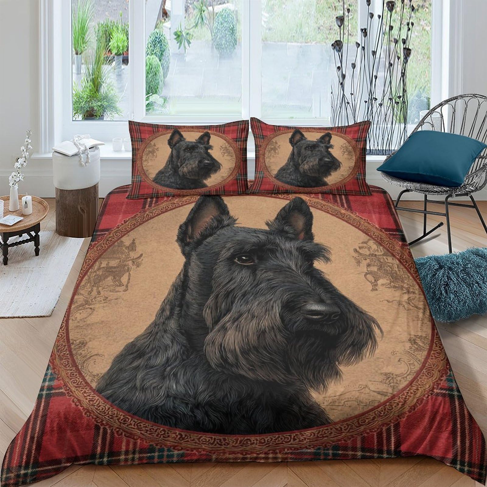 Ctjqhvkz Style-10 3D Printed Black Scottish Terrier Fitted Sheet Microfiber Red Tartan Bed Cover For Bedroom Guest Room Decoration Single（135X200cm）