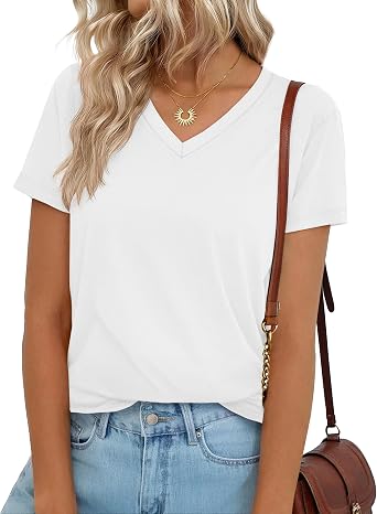 YUCOLEN T Shirts for Women Soft Short Sleeve V Neck Basic Tees Cotton Blend Breathable UPF 50+ Tops for Summer Spring