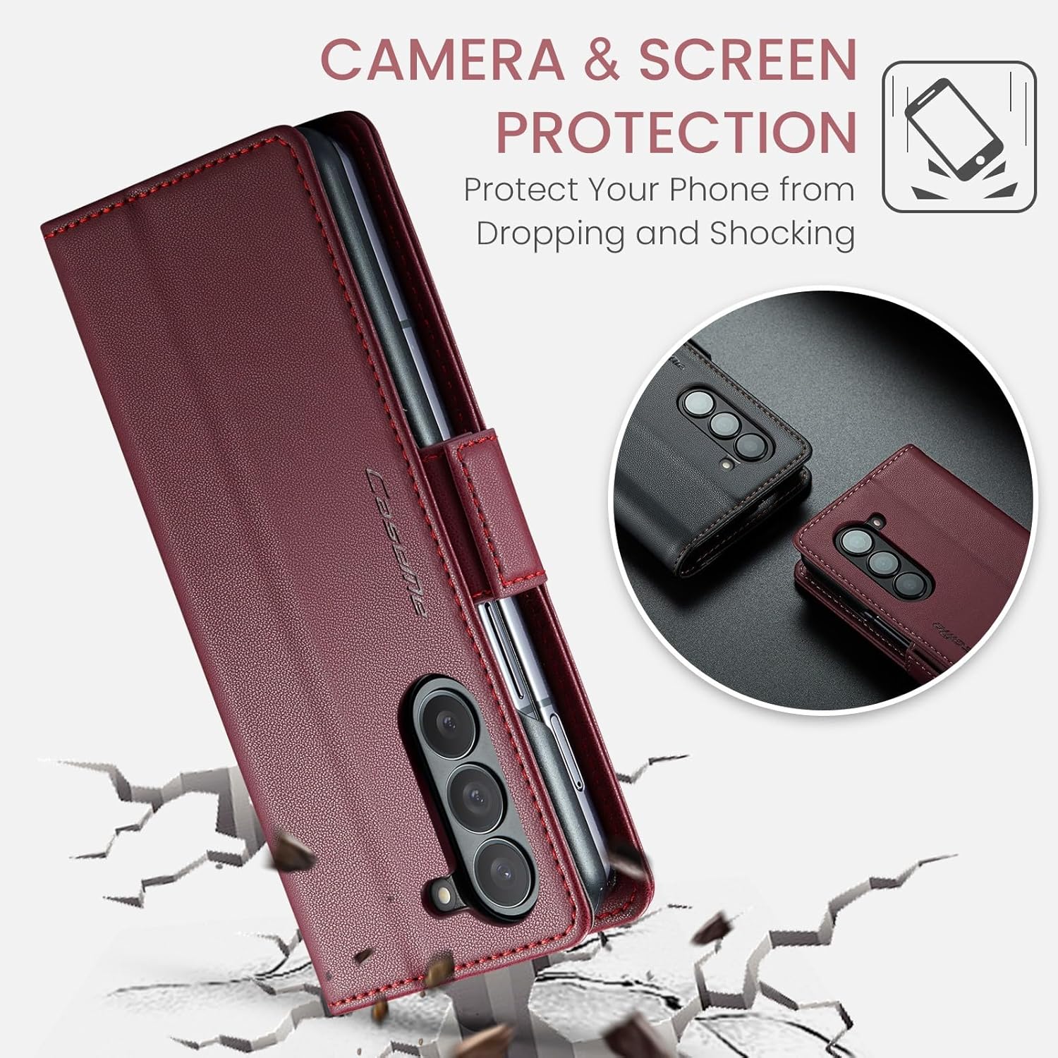for Samsung Galaxy Z Fold 6 Wallet Case, RFID Blocking with Kickstand 3 Credit Card Slot and Cash Slot Magnetic Closure Wireless Charging Slim PU Leather Protective Cover - Wine