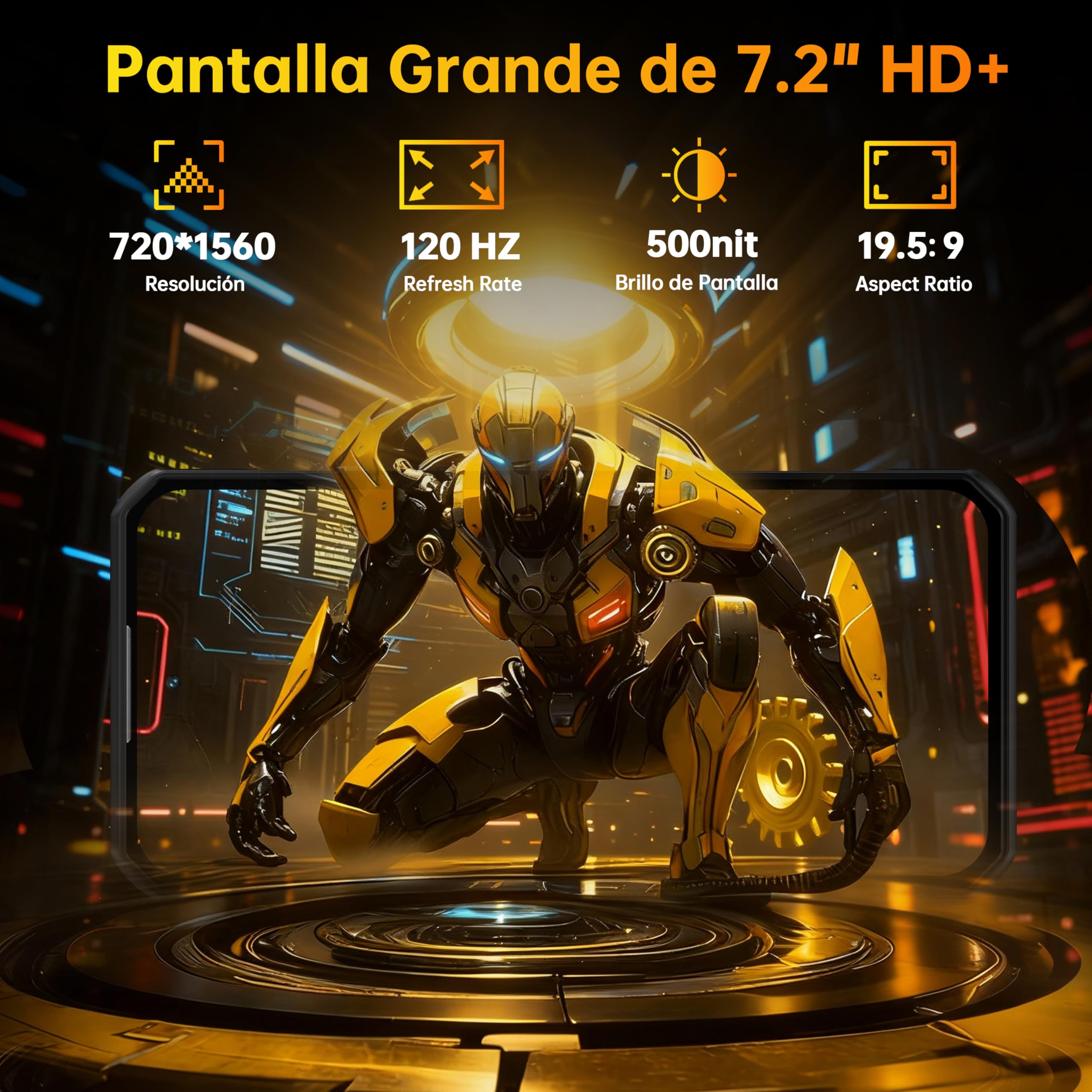 WP60 Movil Irrompible 5G, 24GB+256GB/2TB Android 15 Móvil Rugerizado 2026, 7,2''HD+ 120Hz Pulgadas Teléfono Resistente, Batería 10000mAh, 108MP+32MP+8MP, 5G Dual SIM/NFC/OTG/Face ID, Amarillo