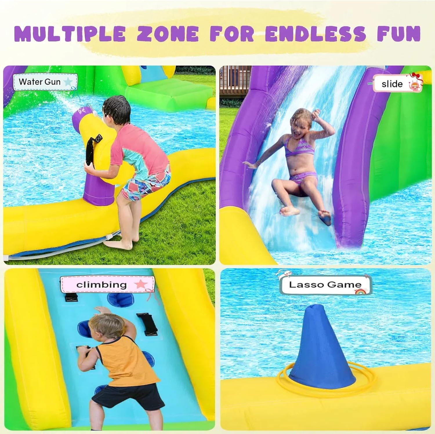 13x14FT Inflatable Bounce House with Water Slide, 5-in-1 Bouncy Castle for Kids 3-12 Years, Heavy Duty Outdoor Play Center with Climbing Wall, Splash Pool, Water Cannon, and 480W Blower (Yellow)