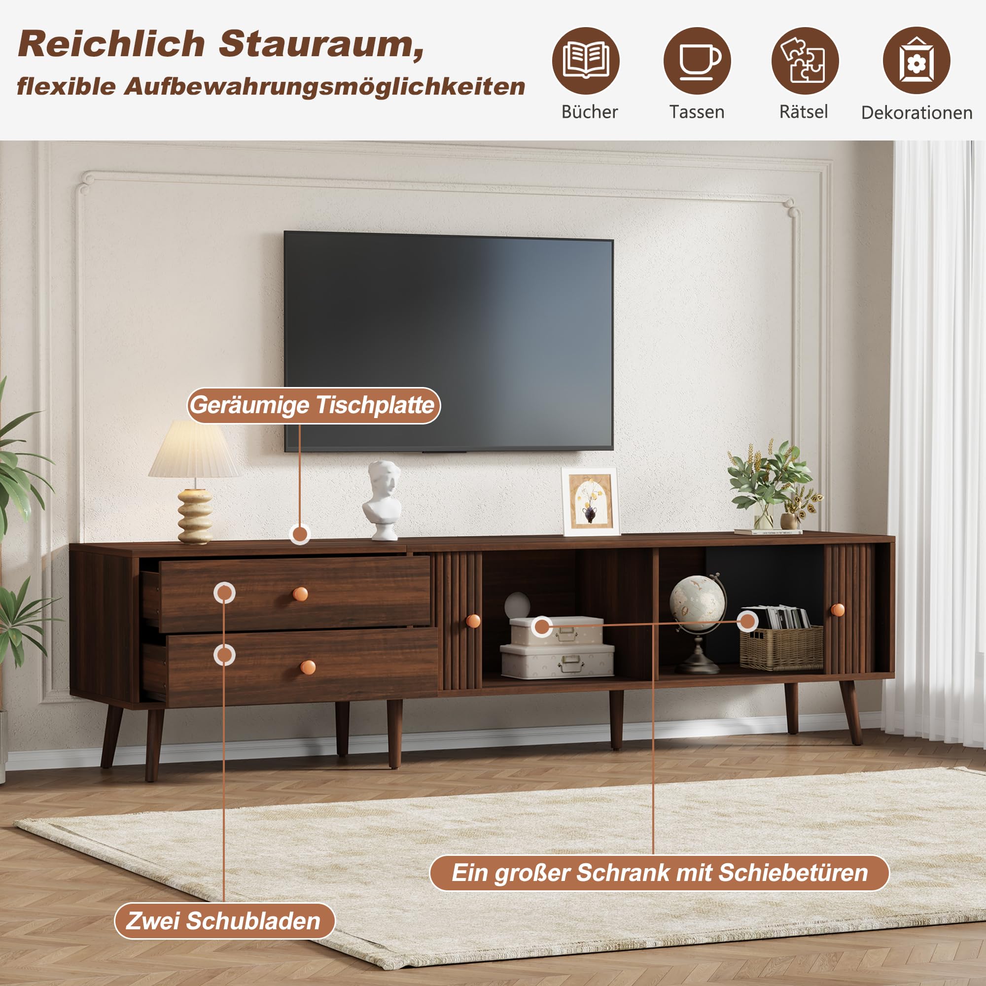 Mueble para TV de 180 x 40 x 46,5 cm, efecto nogal, con dos cajones, dos puertas enrollables y 7 patas. Adecuado para televisores de hasta 80 pulgadas. Mueble bajo, armario de salón, soporte