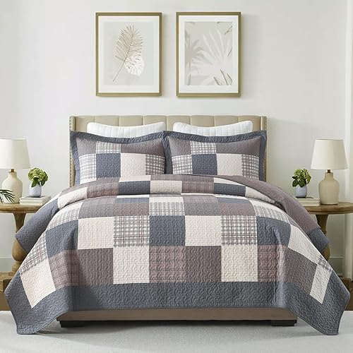 KALOOLA Colcha de granja tamaño King  Juego de ropa de cama acolchada ligera 100% algodón, 3 piezas, colcha a cuadros estampada con 2 fundas de