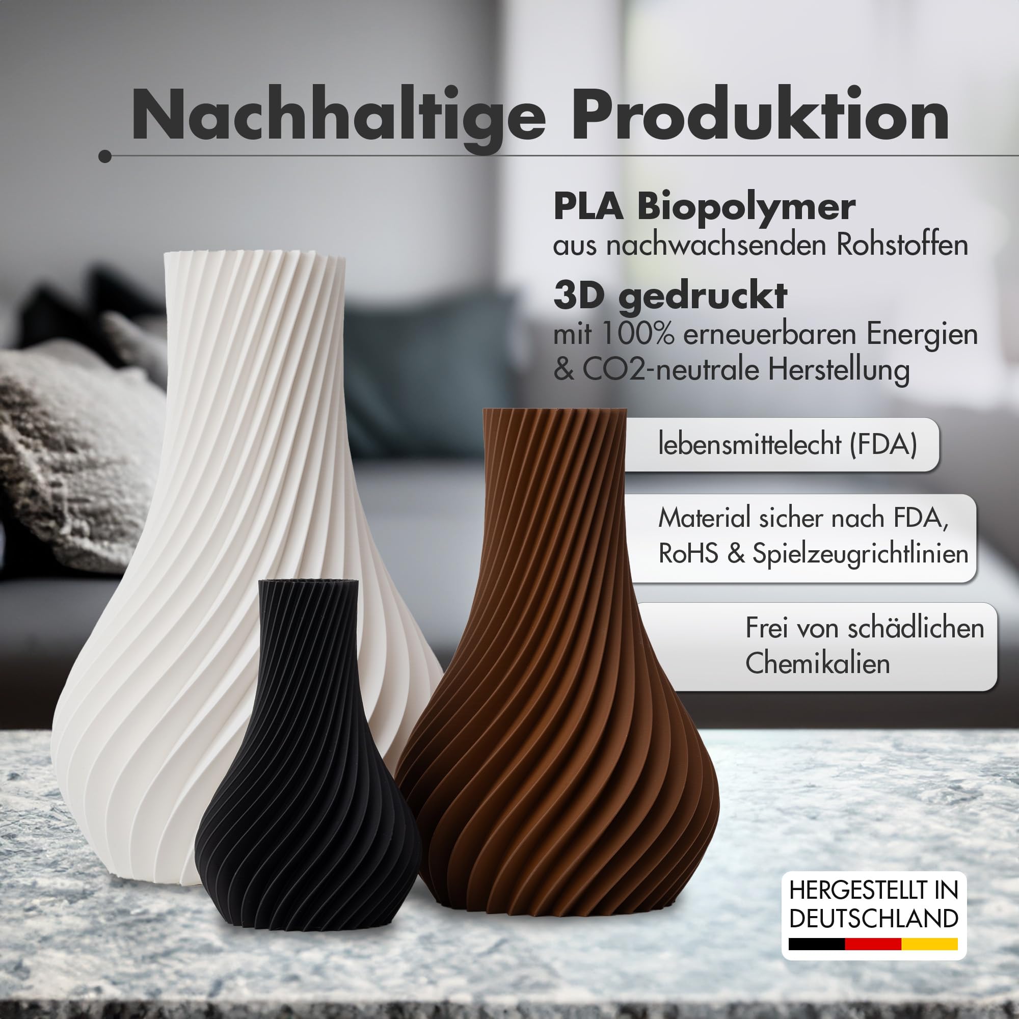 NATUMO Design 3D Vase Kunststoff „Pirum“– bruchsichere Blumenvase modern, Deko Vase mit skulpturaler Form (Schwarz, 24 cm)