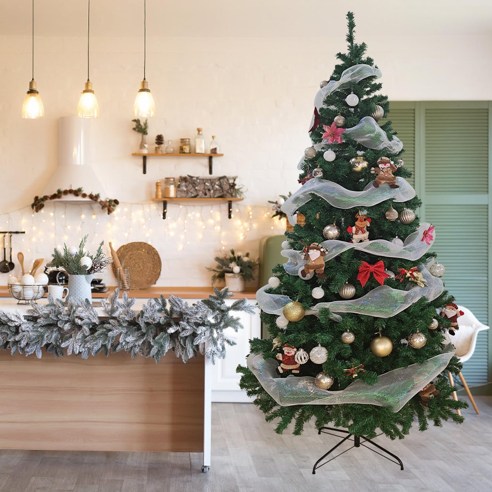 ptlsy 7ft Christmas Tree Premium Hinged Artifical Pine Christmas Tree with Soild Metal Stand and Decorations Fit for Indoor Outdoor,1100 Tips (7 feet, Green)