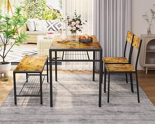 Miniatura 7 de Gizoon Mesa de cocina y 2 sillas para 4 personas con banco, juego de mesa de comedor de 4 piezas para espacios pequeños, apartamento (marrón