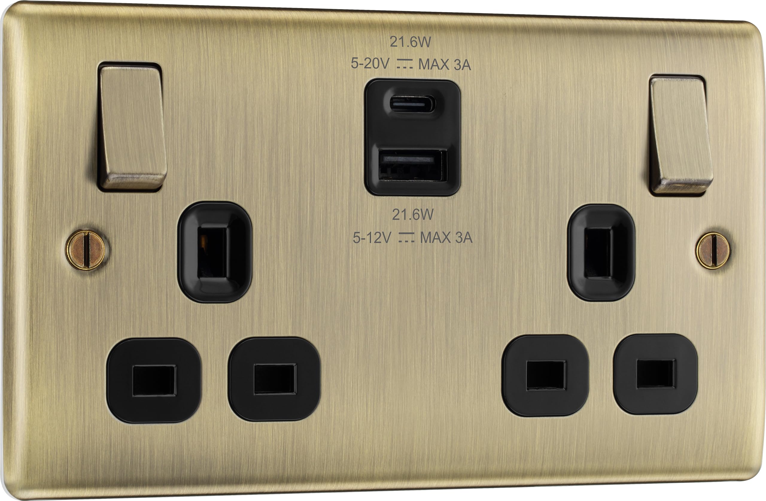 BG Electrical 22W Double Switched Wall Plug Socket with Fast Charge USB A and USB C Charging Ports, Nexus Metal, Antique Brass, 13A, NAB22UAC22B-image-23