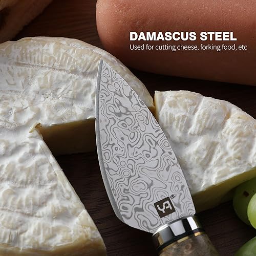 Miniatura 4 de Cuchillo de queso de acero de Damasco para tablas de embutidos, cortador de queso para quesos suaves y duros desmenuzables, resina blanca y mango de