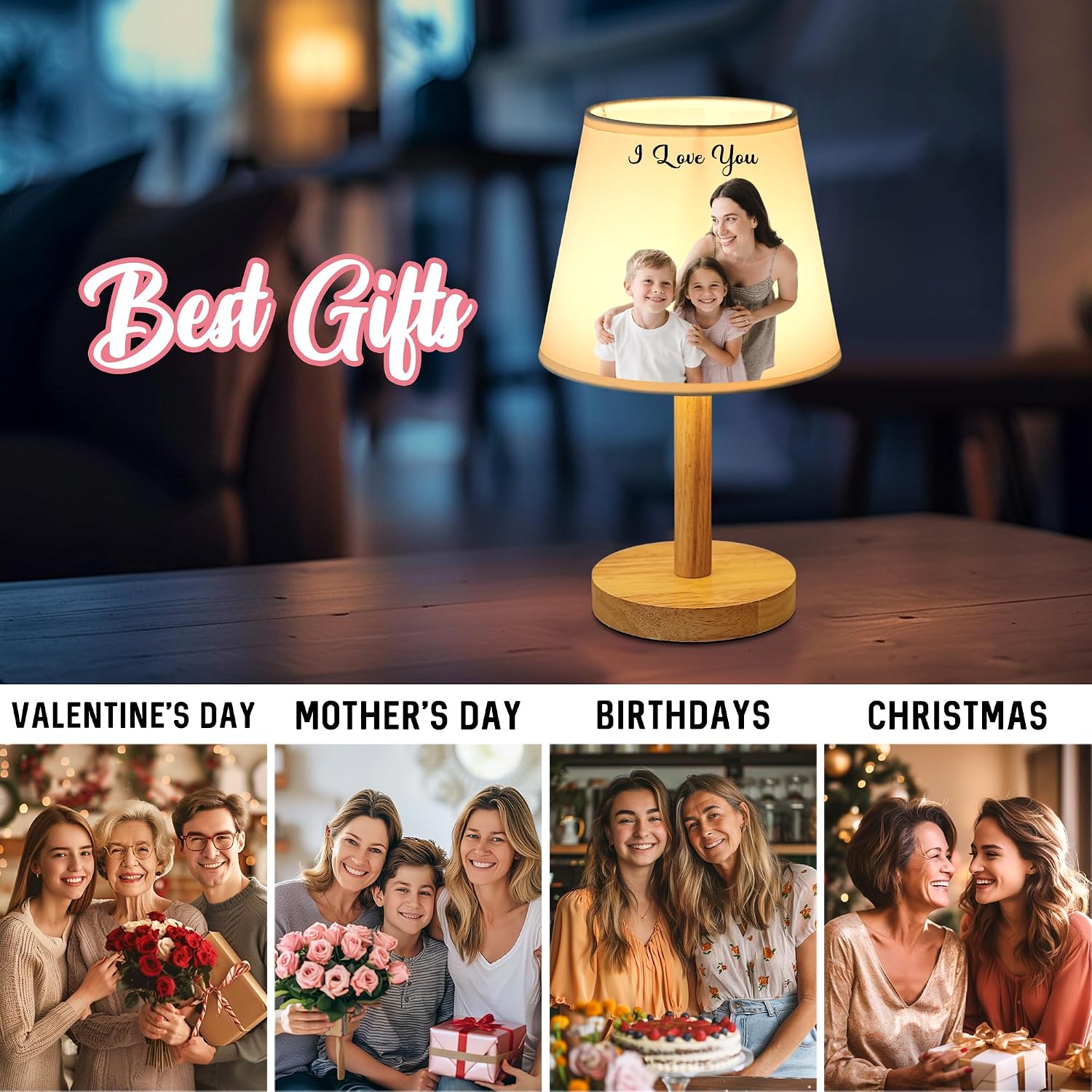 Custom Photo Text Table Lamp, Dimmable 3 Color Lamp with Wooden Base, Gifts for Women Dog Mom Girlfriend Friend Birthday Valentines Mothers Day, Beautiful Lamp Gifts for Bedroom Home Decor