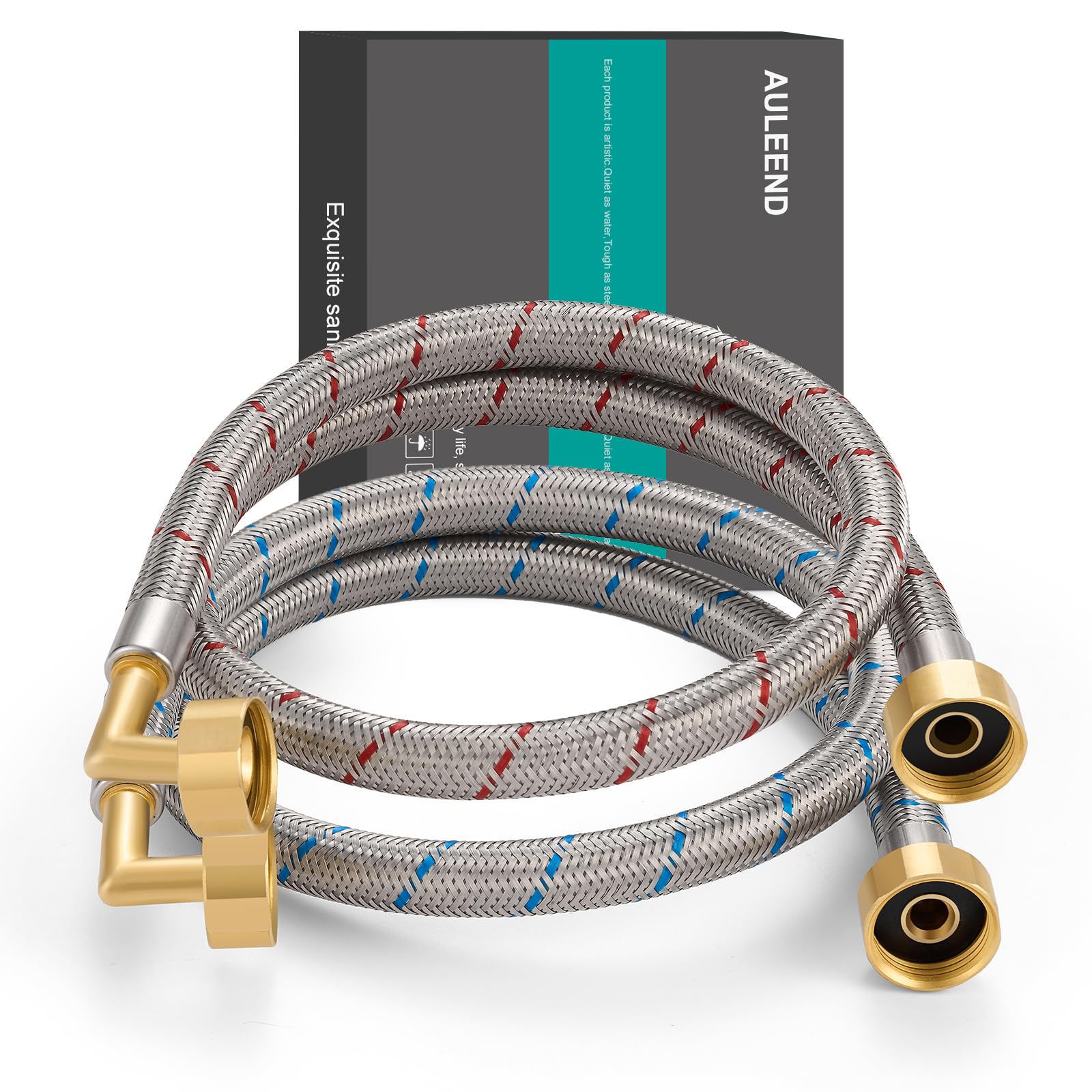 AULLEND ALL METAL 2-Pack Premium Stainless Steel Braided Washing Machine Hoses-Free Brass Burst Proof Red and Blue Lined Water Inlet Supply Lines - Universal 90 Degree Elbow (90cm)