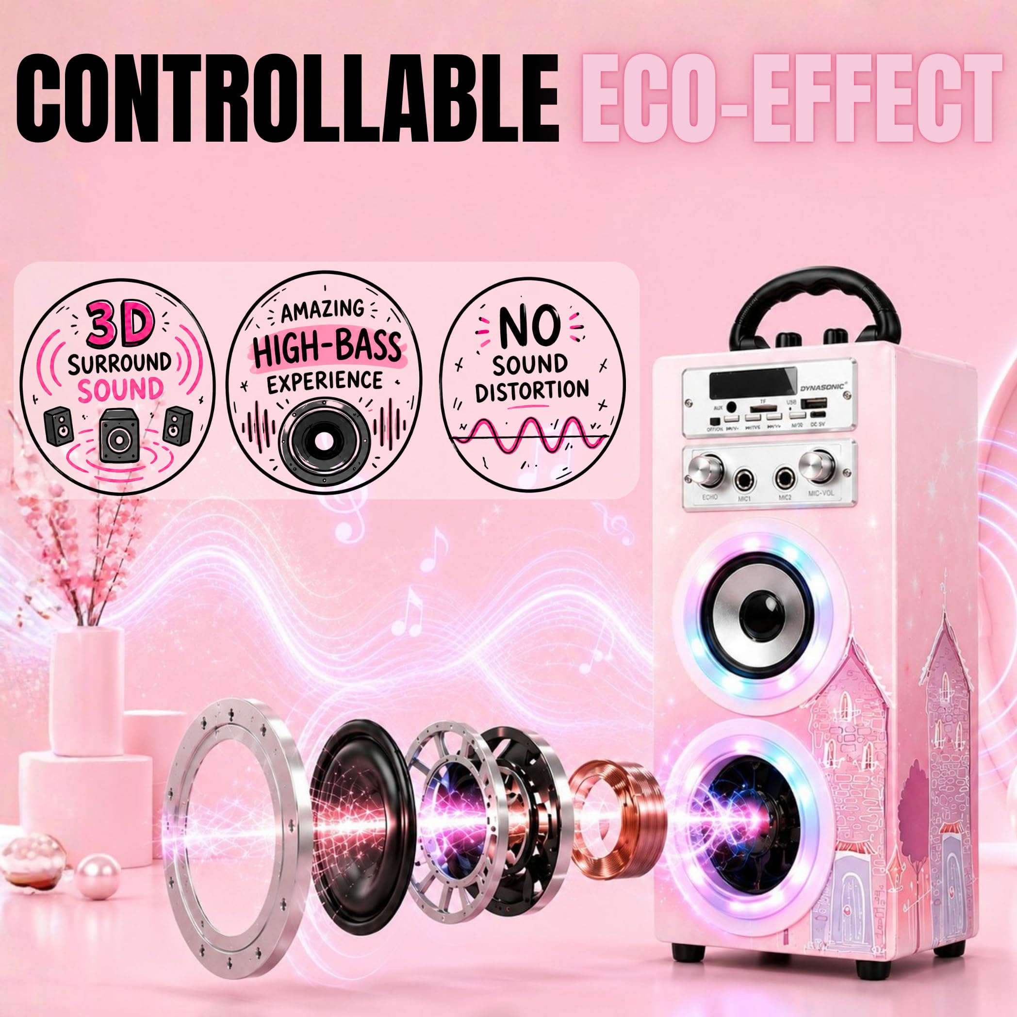 Dynasonic Karaoke Altavoz Bluetooth Portatil, 2 Micrófonos, USB/SD/AUX, Luces LED, Batería Recargable. Regalo para niños, comunión, cumpleaños y Fiestas