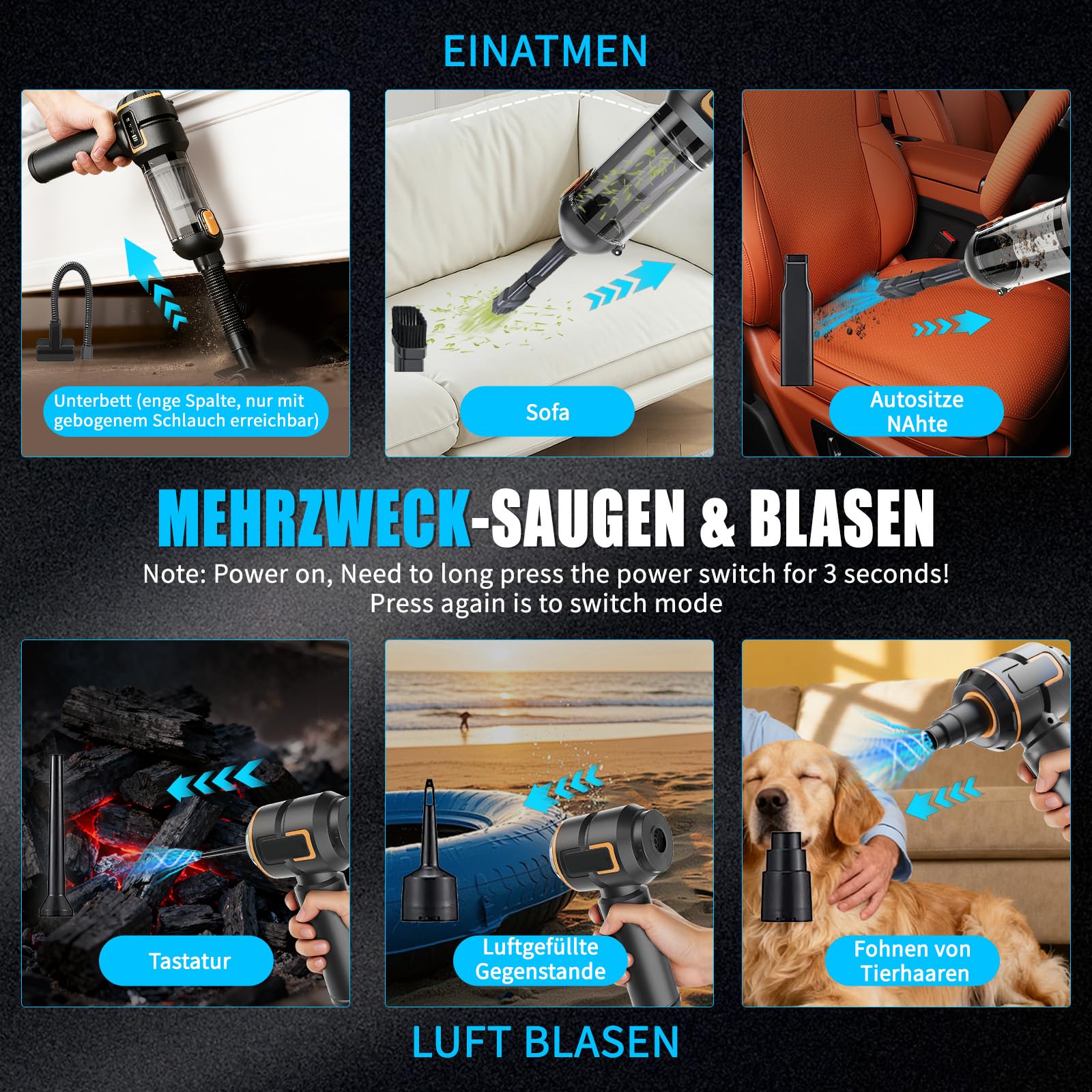 Handstaubsauger Akku Kabellos - 23000pa Auto Staubsauger Stark,Mini Staubsauger Für Auto,Pc,Haus,KüChe,Ritzen Und Ecken,Handsauger Akku Stark Saugend,Kann Als Luftpumpe u. Staubgebläse Dienen,6000mAh