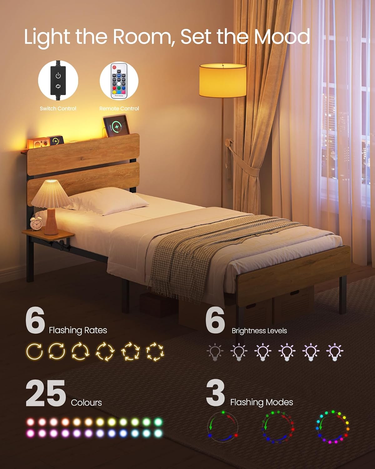 VASAGLE Single Metal Bed Frame, 90 x 190 cm, LED Lights, USB and Type-C Ports, Under-Bed Storage Space, Industrial Style, Easy Assembly, Natural Brown, RMB101K01