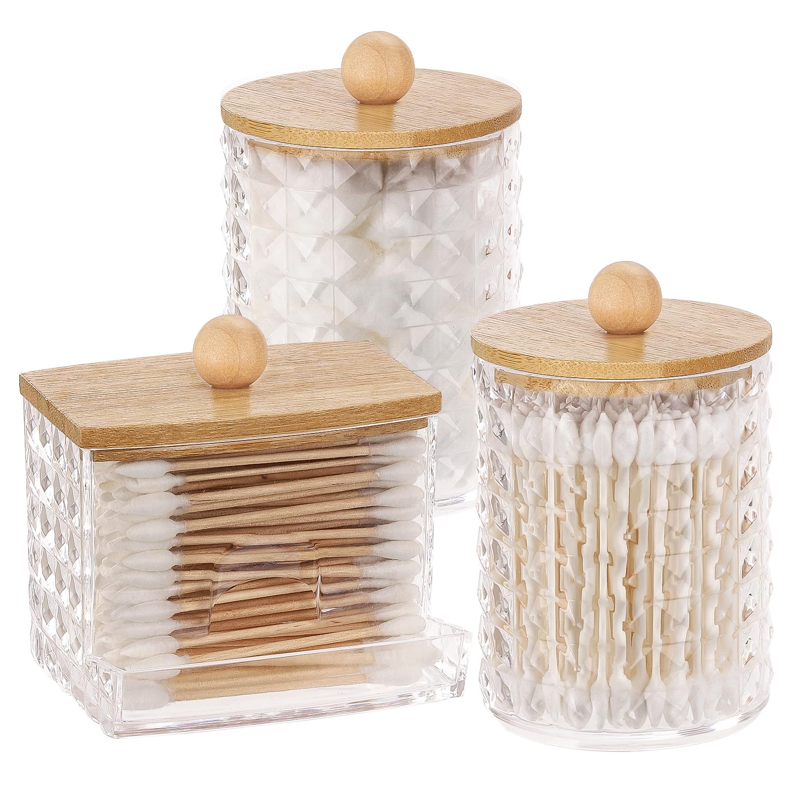 Tbestmax3 Pack Qtips Holder Bathroom Container, 10/7 oz Cotton Ball/Swabs Dispenser, Apothecary Jar with Bamboo Lids for Bathroom Storage Organizer