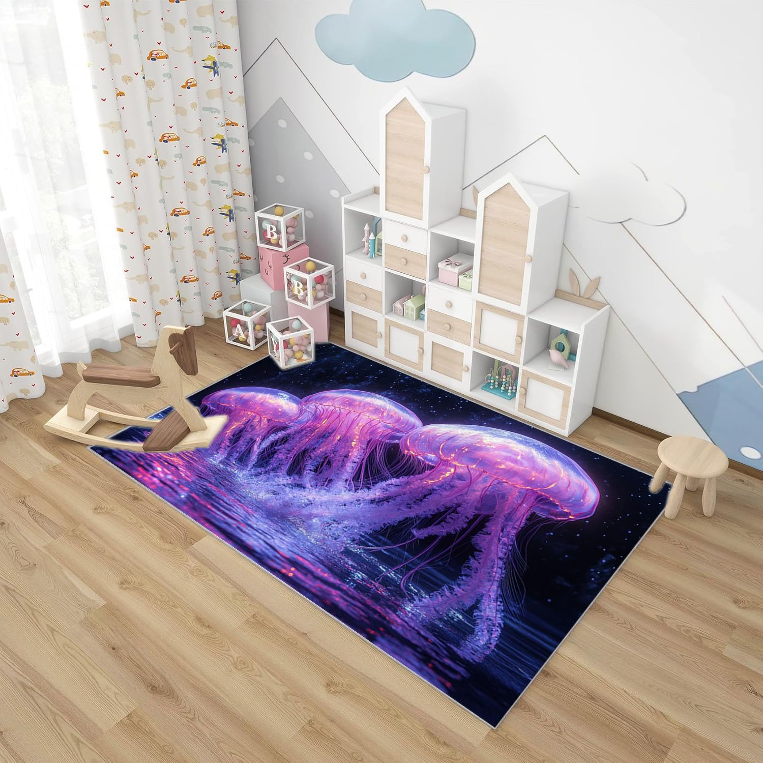 Tapis Bleu Canard Méduse Tapis Salon - Grande Taille de Poils Ras - Moquette pour Le Salon et la Chambre à Coucher - Lavable en Machine Antidérapant(Bleu 71)-120x150cm