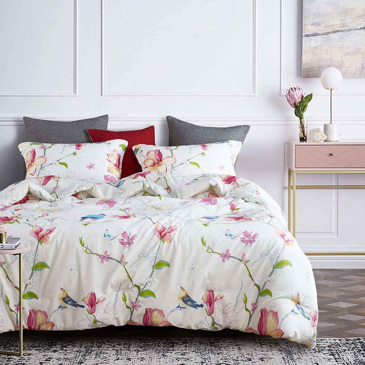 Wake In Cloud - Floral Comforter Set, Botanical Flowers and Birds Pattern Printed,100% Cotton Fabric with Soft Microfiber Inner Fill Bedding (3pcs, Full Size)