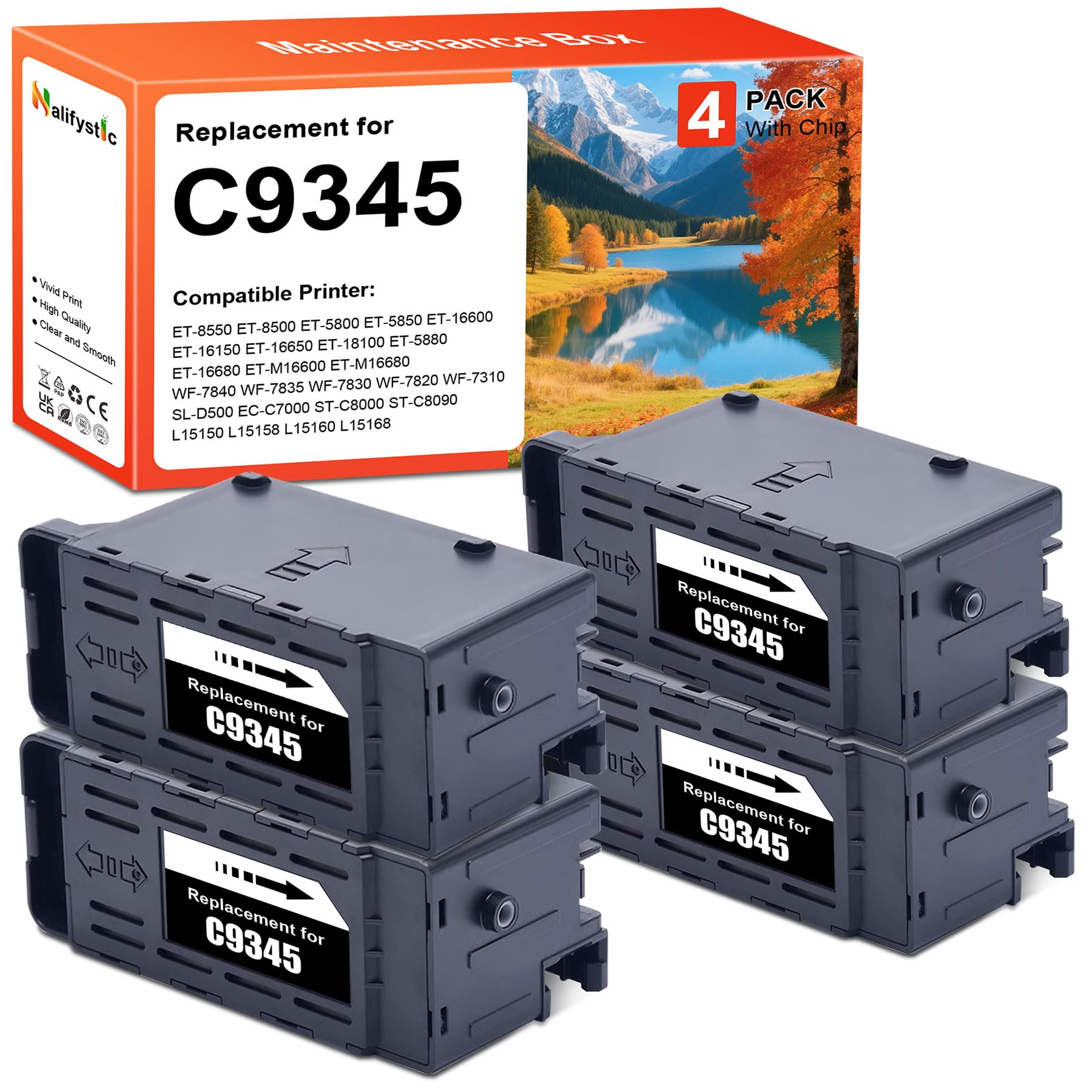 C9345 Tinten Wartungsbox Ersatz für WF-7840 ET-16600 ET-16650 ET-8550 ET-5850 ET-5880 ET-8500 WF-7820 WF-7830 WF-7310 ET-5800 EC-C7000 ST-C8000 ST-C8090 Drucker (4-Pack)
