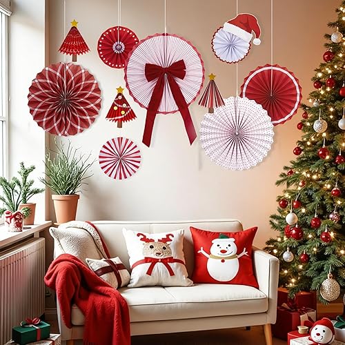 Miniatura 5 de Decoración de abanico de papel de Navidad, decoraciones de sombrero de Papá Noel, divertidos abanicos de papel colgantes rojos con estrellas doradas