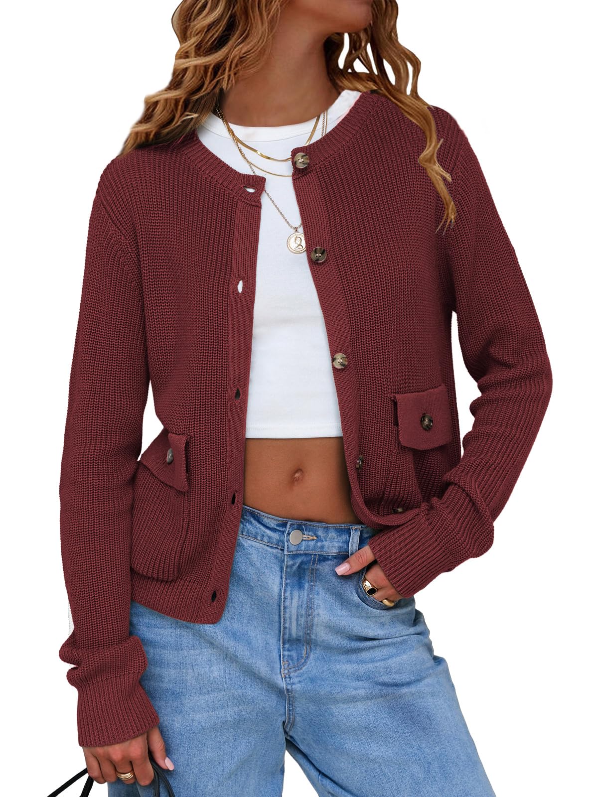 EXLURA Womens 2026 Knit Cardigan Sweaters Spring Fall Crewneck Open Front Button Jacket Fashion Outerwear Coats with Pockets