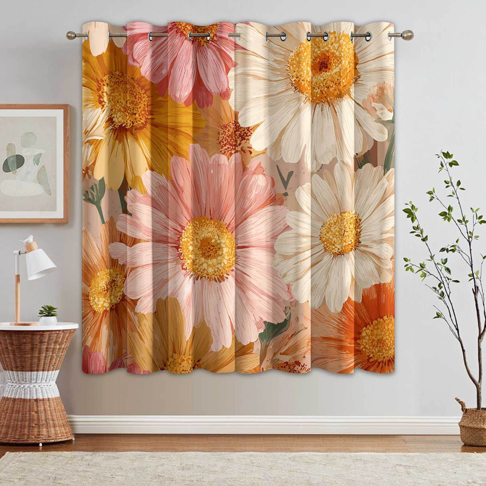 Générique Rideau Occultant Imprimé Fleurs Marguerite, Rideaux à Oeillets Thermique pour Chambre Salon, Motif Rétro Année 70, L 140 x H 220, 2 Pièces, Decoration Maison - D585