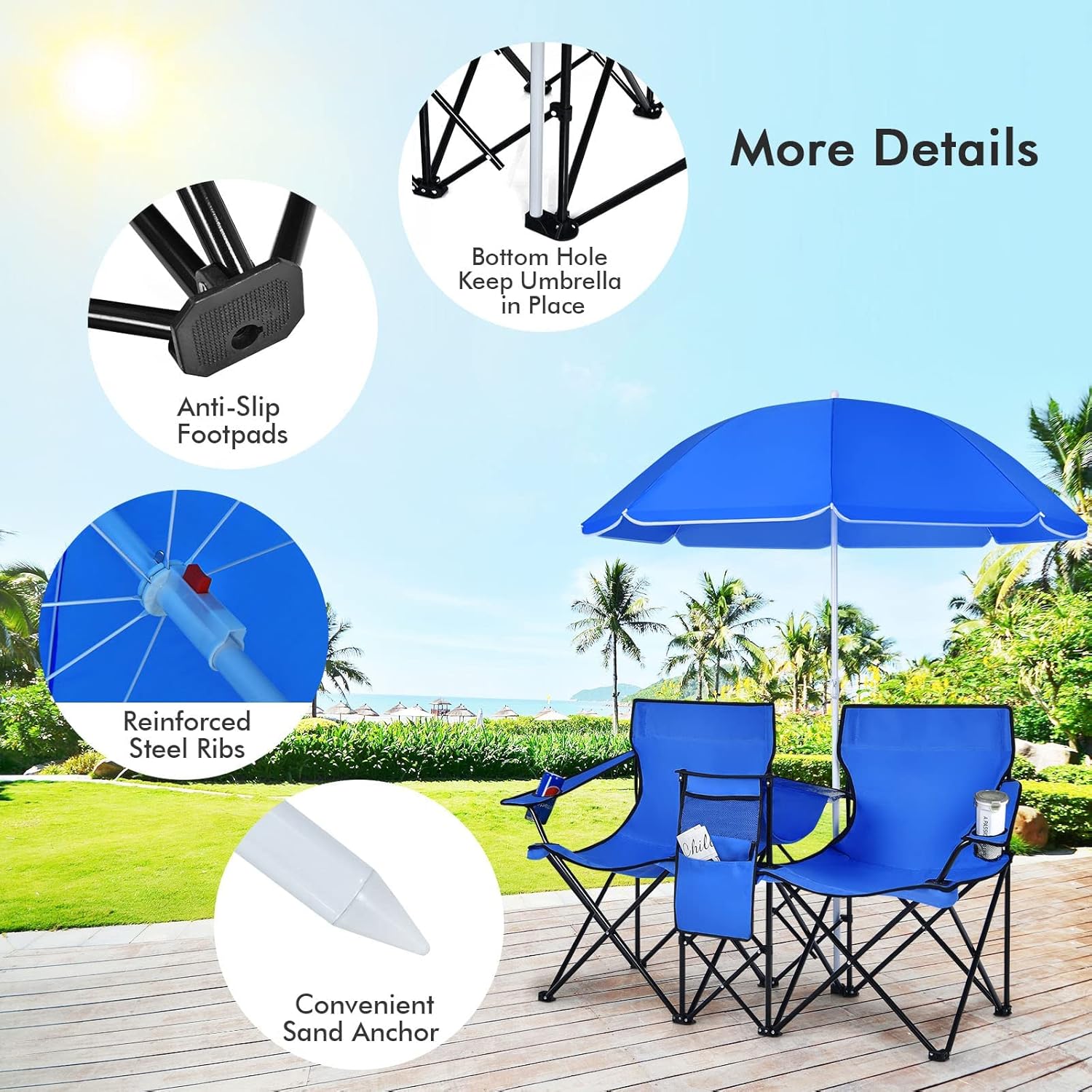 GLACER Outdoor Portable Foldable Beach Chair, Double Camping Folding Picnic Chairs w/Removable Umbrella Carry Bag Table Cupholders for Patio Beach Picnic Outdoor Portable Foldable Beach Chair(Blue)