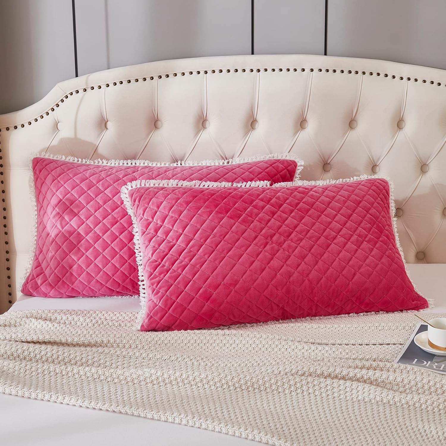 JAUXIO Diamond Quilted Velvet Pillowcases 2 Pack Tassels Decorative Fringe Decorative Cozy Warm Zipper Closure (Hot Pink, King)