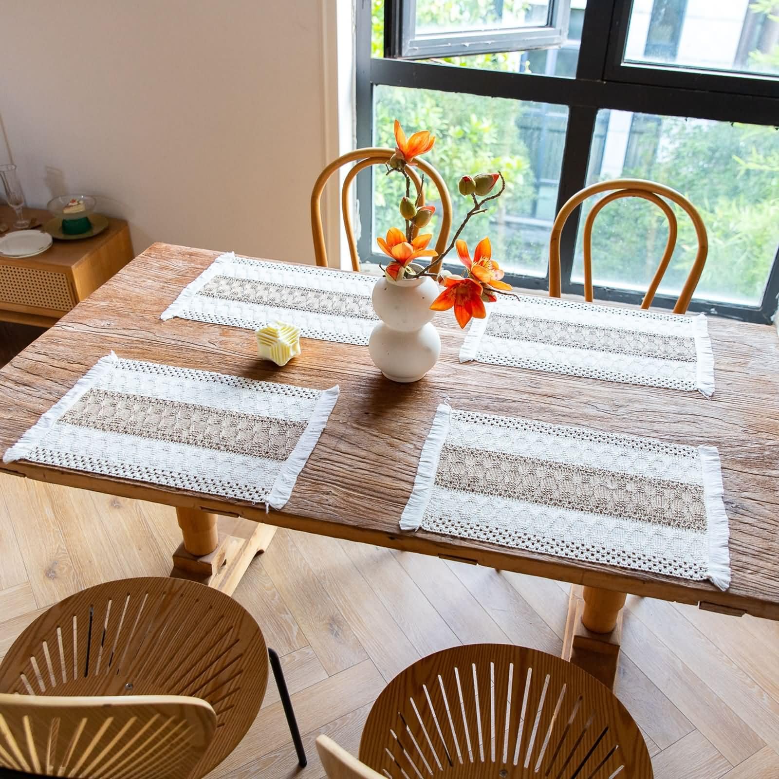 6er Tischsets, 30 x 50 cm Beige Braun Platzset Abwaschbar Leinen Baumwolle Rechteck, Rechteck mit Raute Gewebt und Quasten