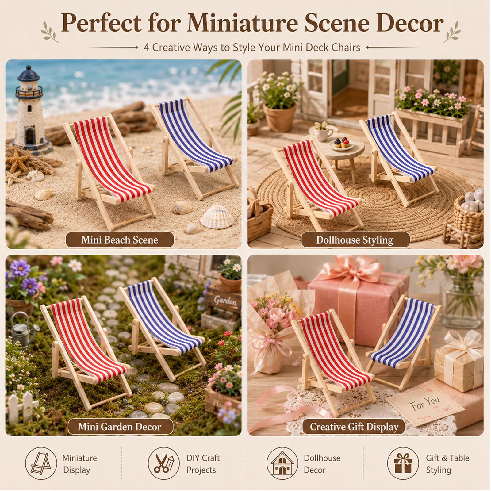 Mini Chaises Longues Pliables En Bois – Lot De 2 Transats Miniatures Pour Maison De Poupée, Jardin De Fées Et Décoration 1:12