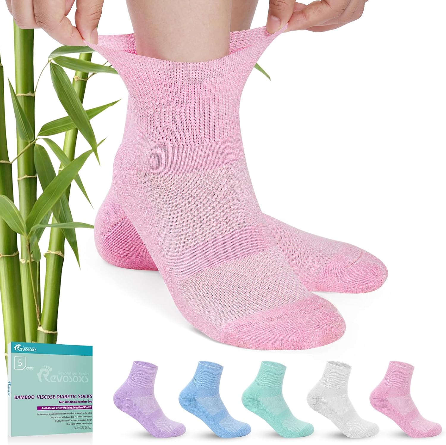 Diabetic Socks for Men Women,5 Pairs Bamboo Viscose Diabetic Ankle Socks for Women,Non-Binding Diabetic Socks 7-9 9-11(Pure-Medium)