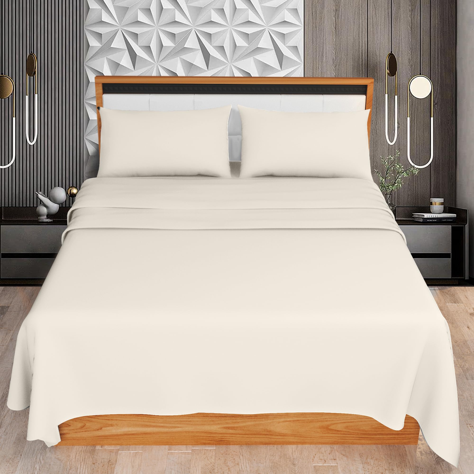 HOME ACE Cream Double Sheet Set (Fitted Sheet + Flat Sheet + Pillow Case) - Easy Iron Polycotton Double Bed Sheet Set - 100% Poly Cotton Sheets Set Double Bed