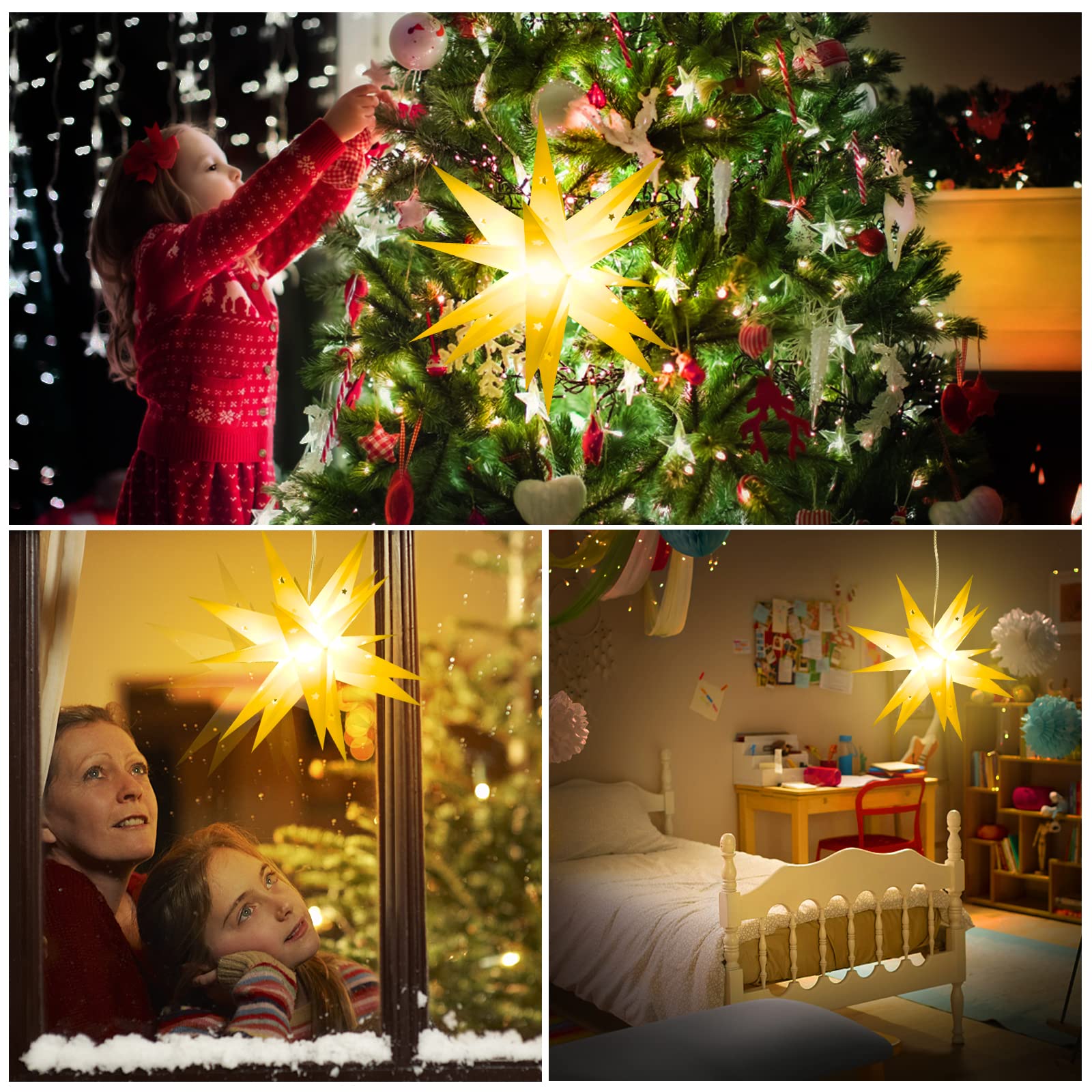 OUILA Stella di Natale 3D, diametro 45 cm, illuminazione a LED, funzionamento a batteria, con timer per decorazioni natalizie, per interni ed esterni, decorazione per albero di Natale, 3000 K