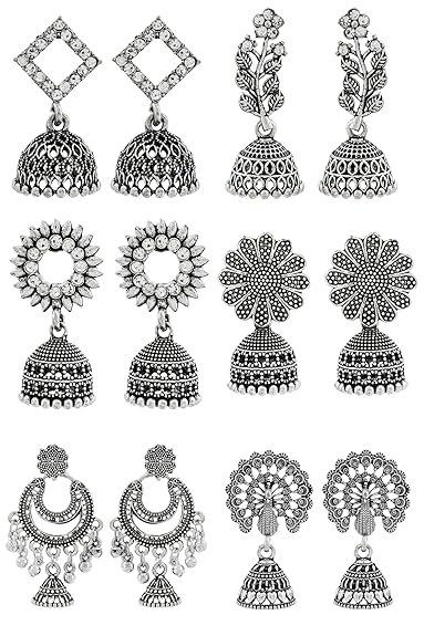 DEW MAT Traditional Oxidised Silver Jhumka Earrings for women | girls fashion jhumka meenakari oxidised kundans flower Temple South Indian Traditional Ear rings Set stylish Big Jhumki Combo pack of 6.